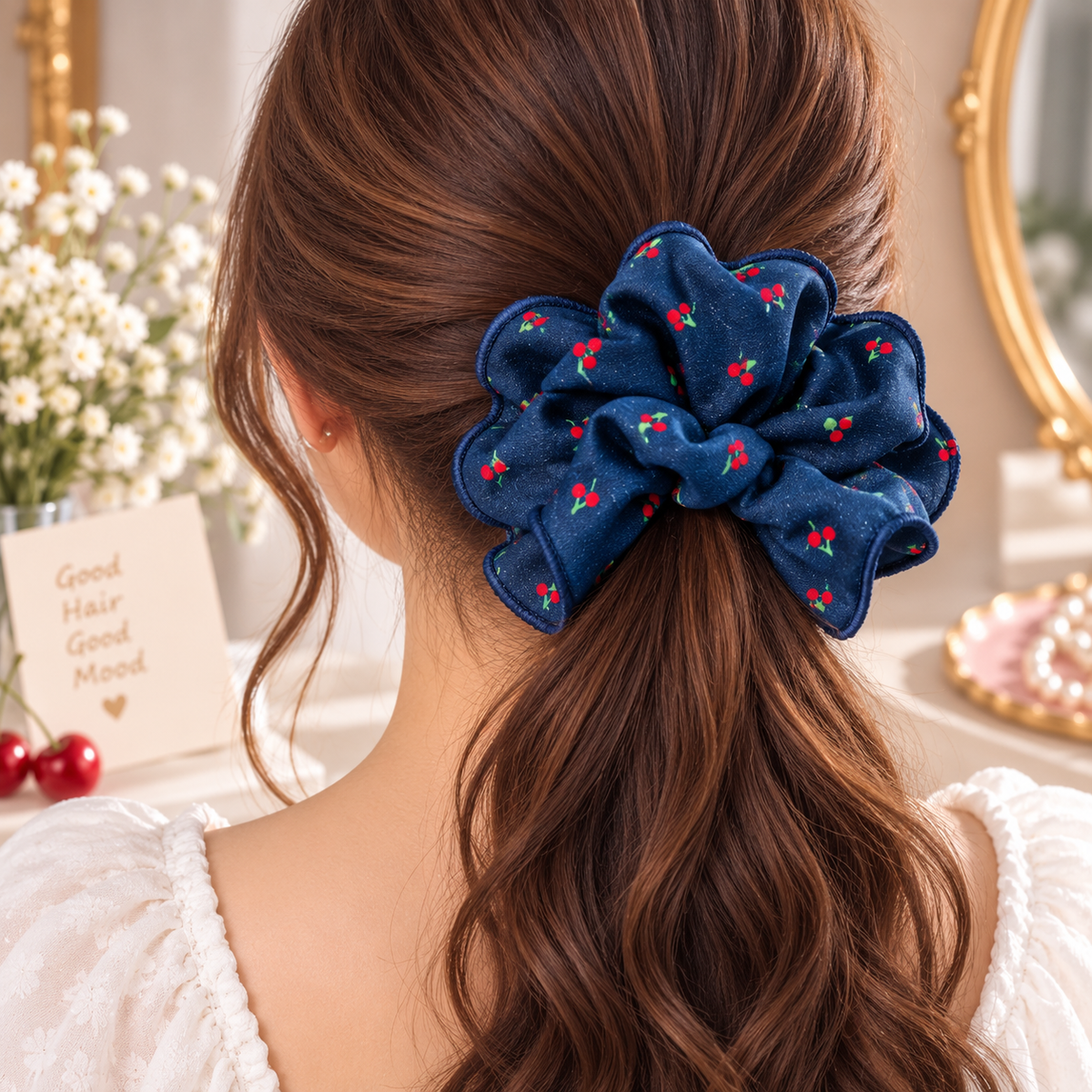 Big Navy Blue Cherry Print Scrunchie