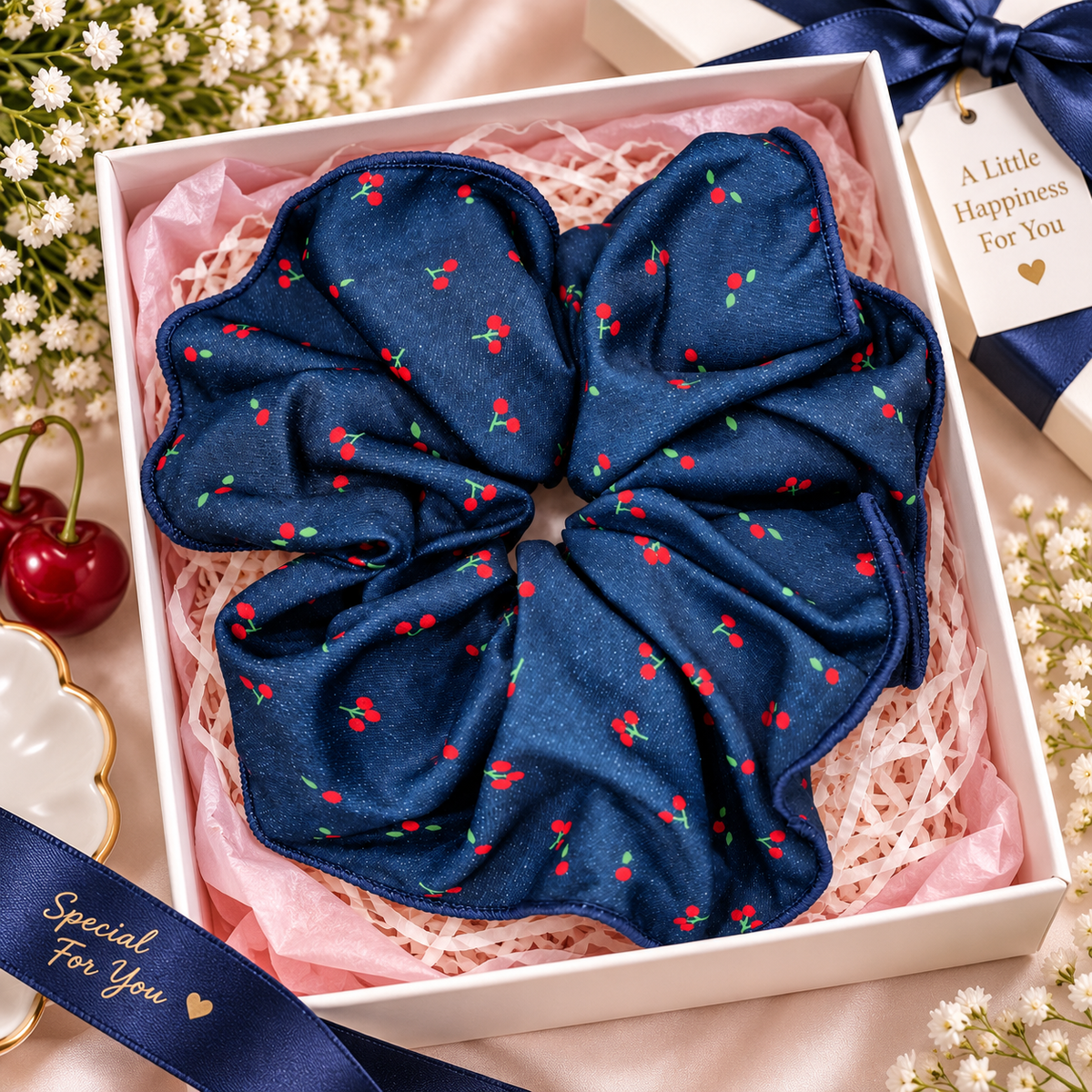 Big Navy Blue Cherry Print Scrunchie