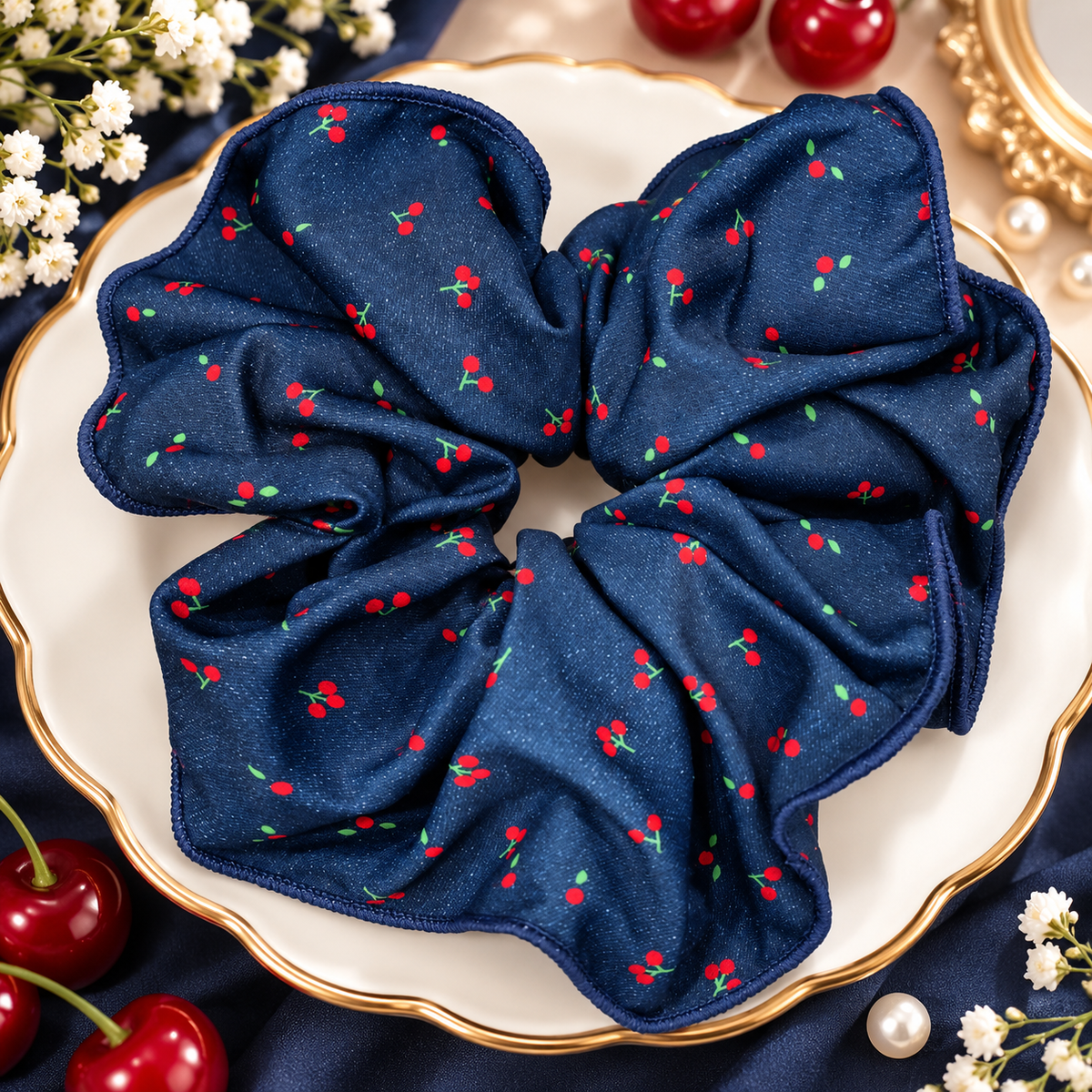 Big Navy Blue Cherry Print Scrunchie