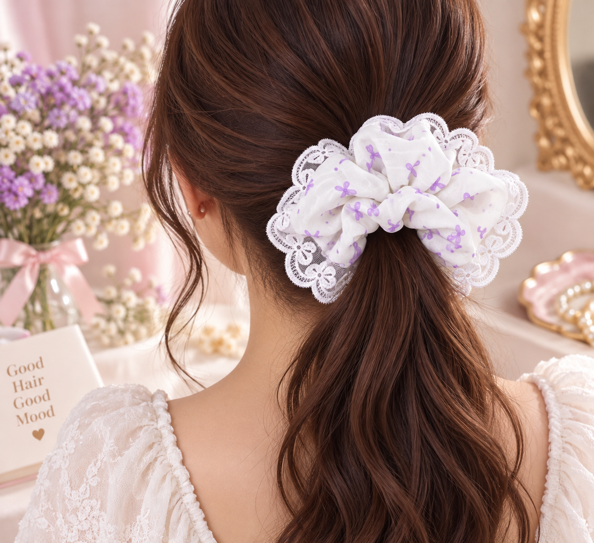 Big White Purple Butterfly Lace Scrunchie