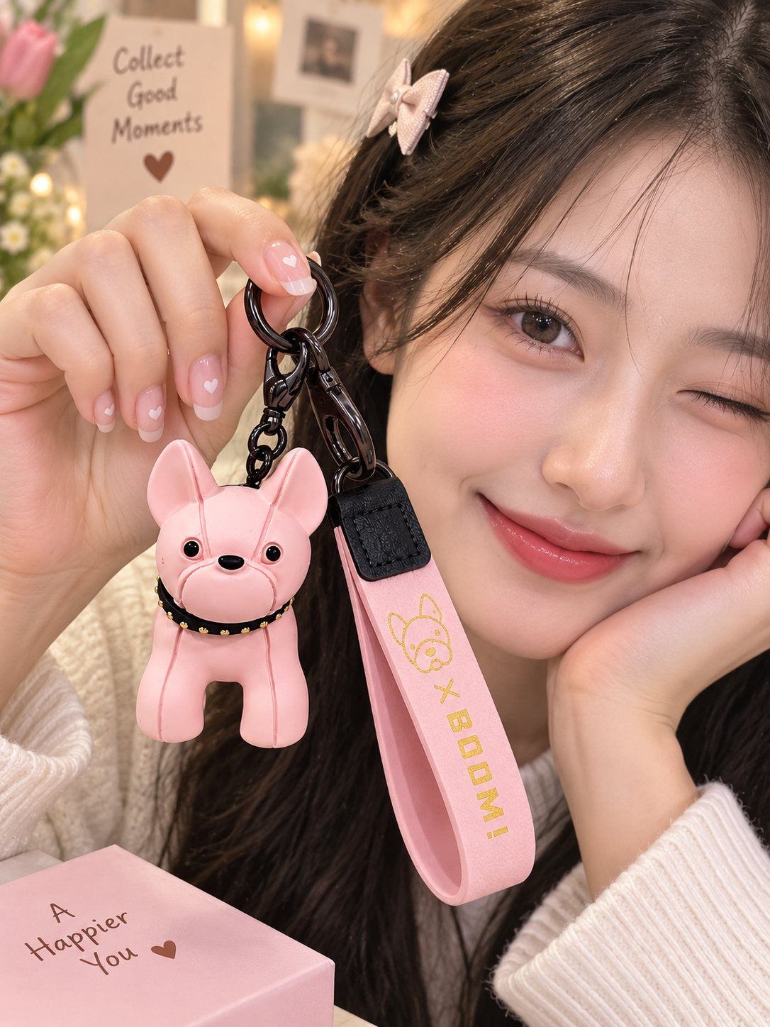 Pink Dog Keychain with Wrist Strap