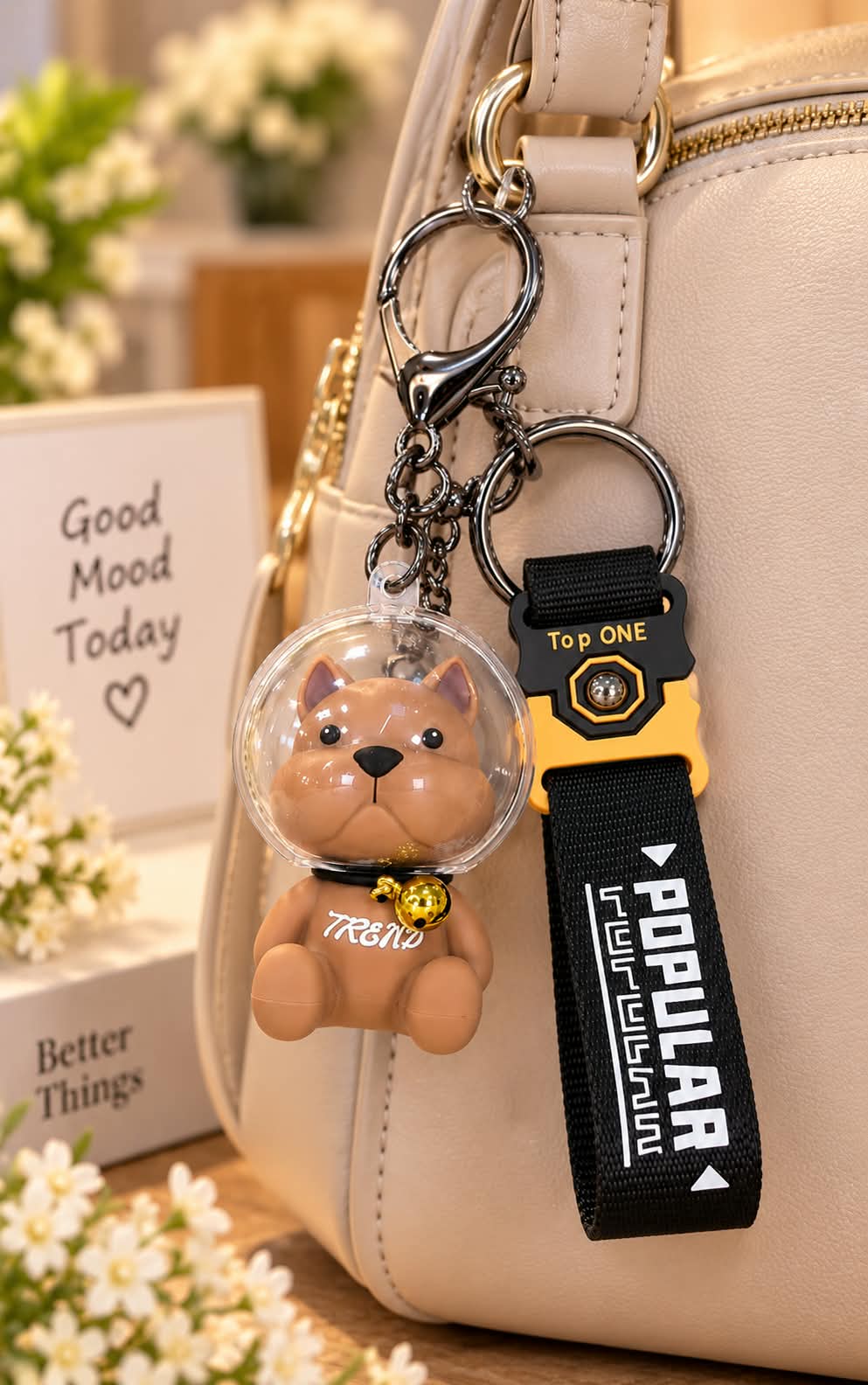 Cute Dog Keychain with Black Wrist Strap