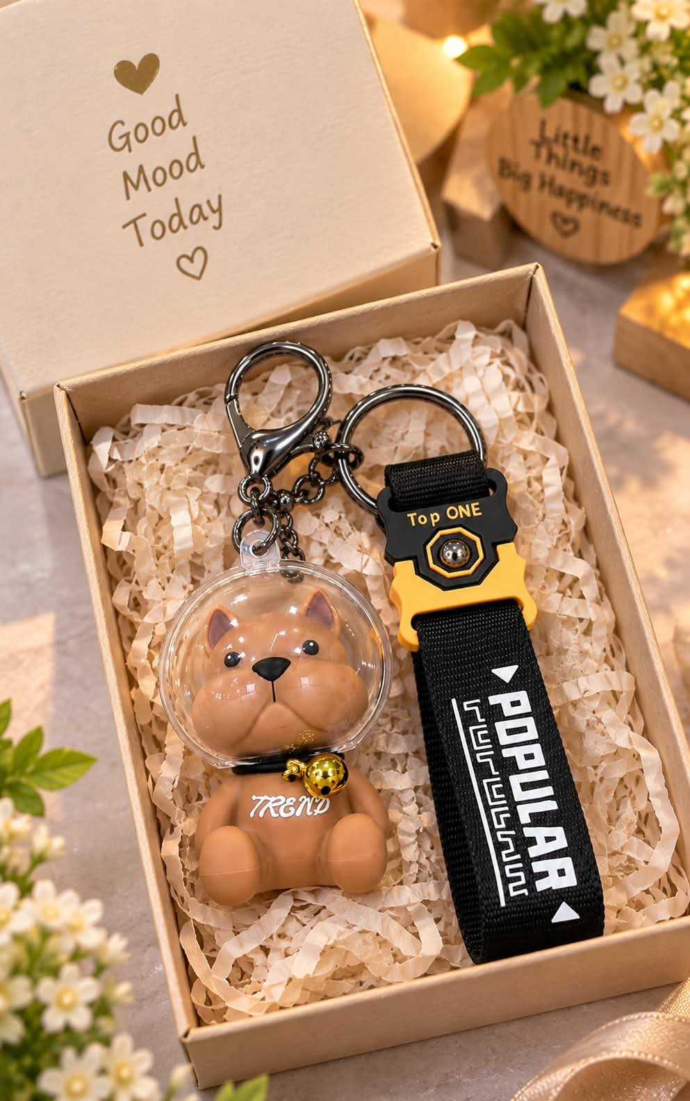 Cute Dog Keychain with Black Wrist Strap