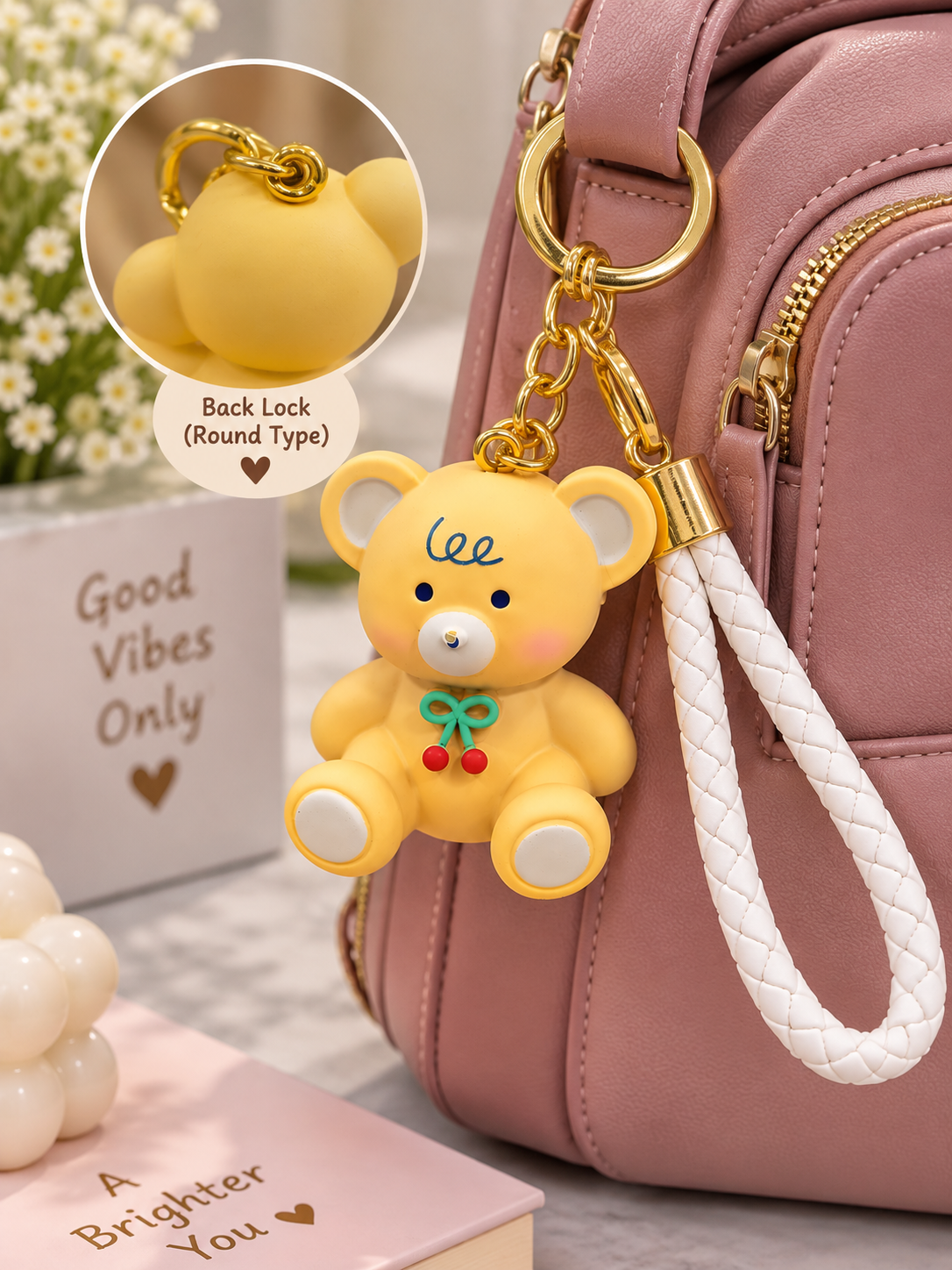 Cute Yellow Bear Keychain with Braided Strap