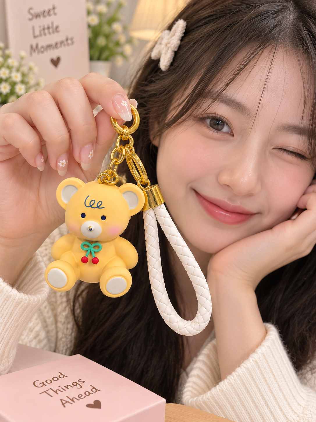 Cute Yellow Bear Keychain with Braided Strap
