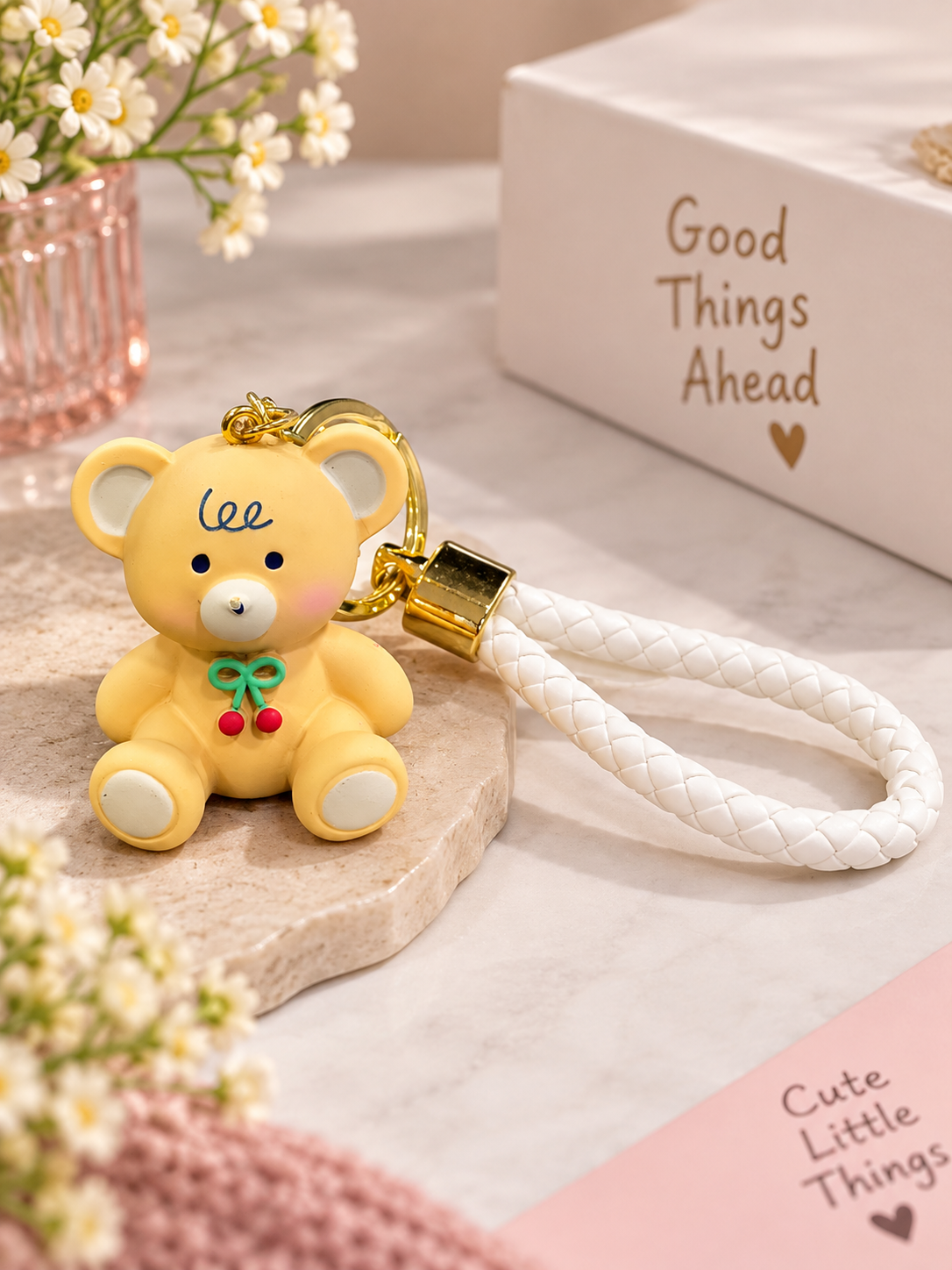 Cute Yellow Bear Keychain with Braided Strap