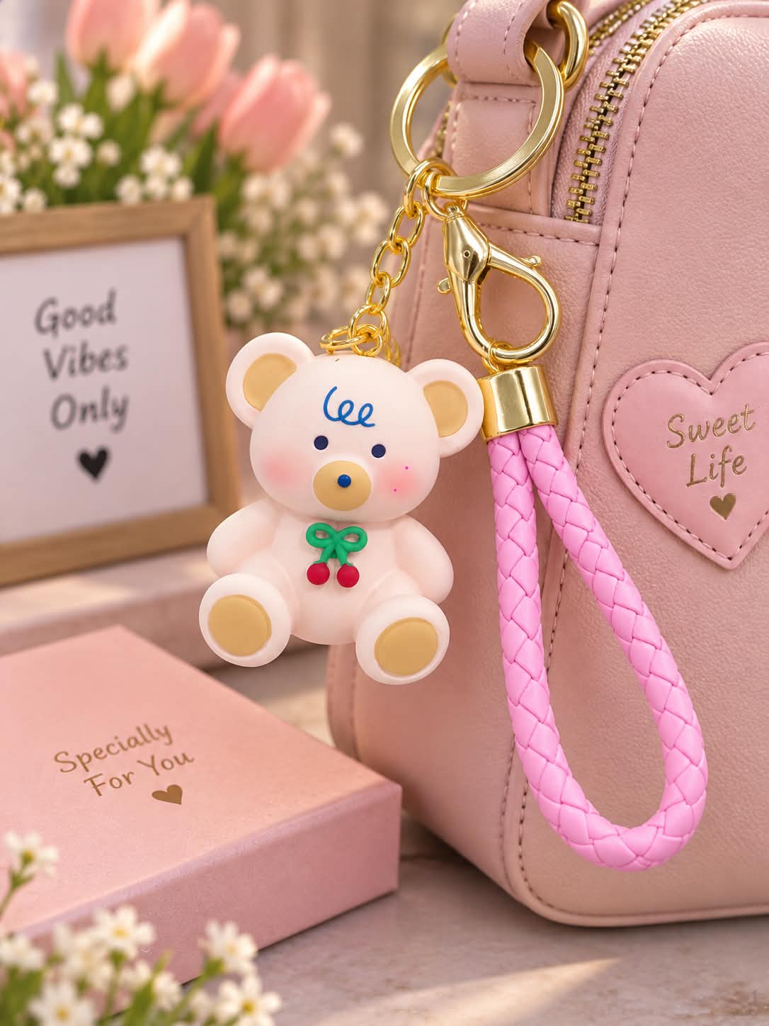 Cute Pink Bear Keychain with Braided Strap
