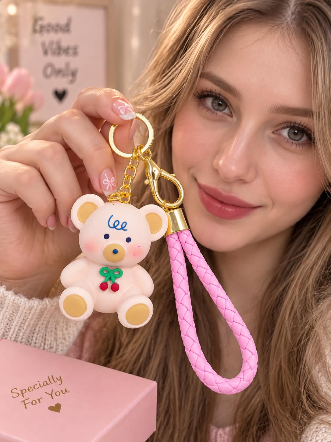Cute Pink Bear Keychain with Braided Strap