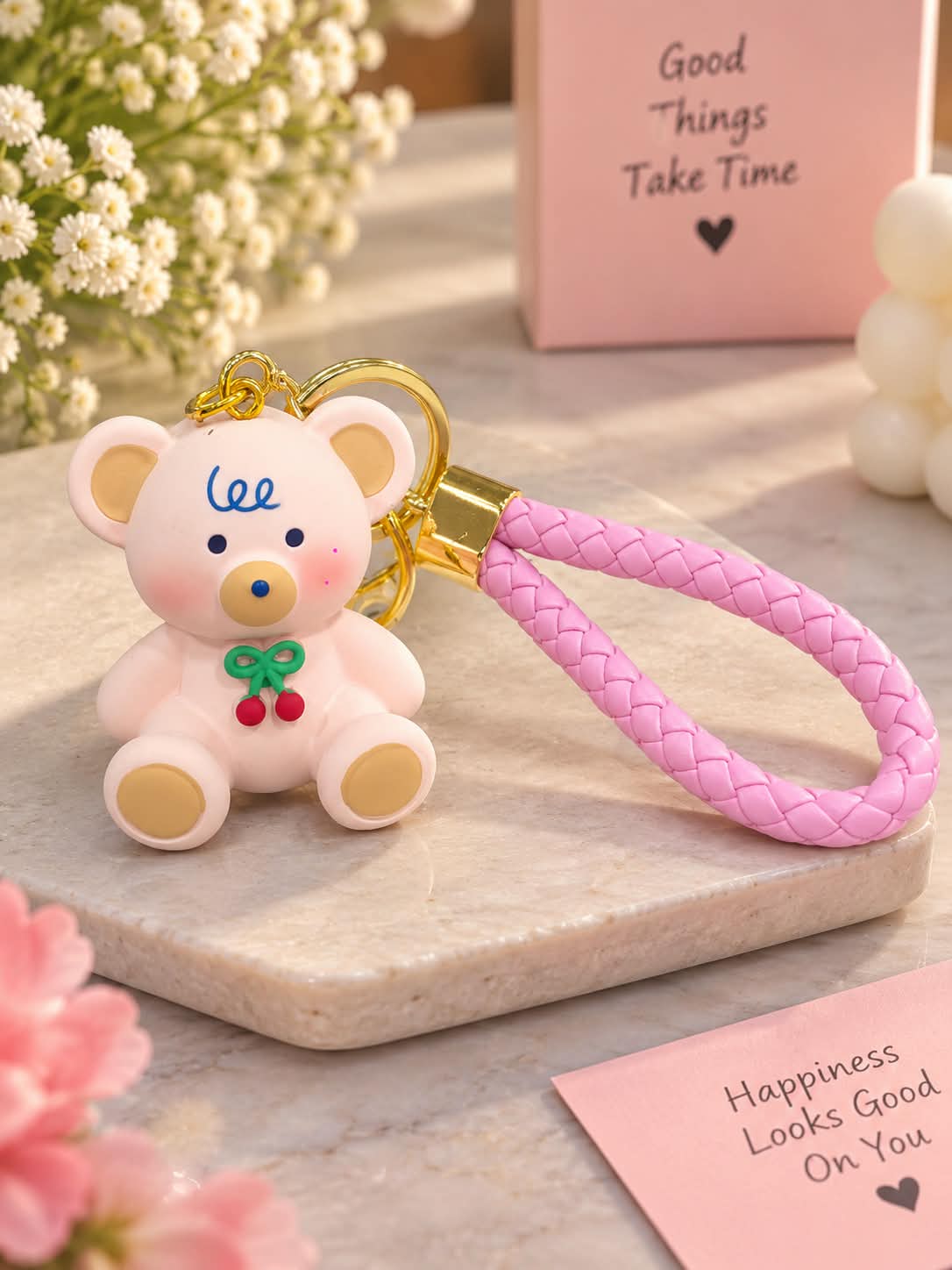 Cute Pink Bear Keychain with Braided Strap