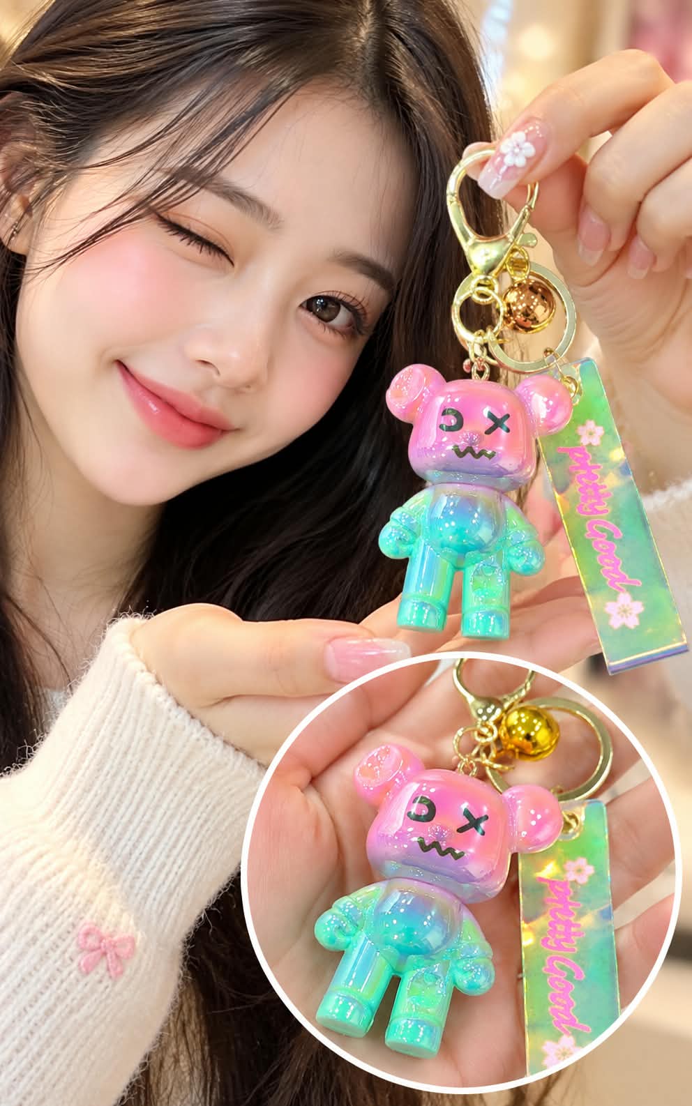 Cute Colorful Bear Keychain with Bell & Acrylic Tag