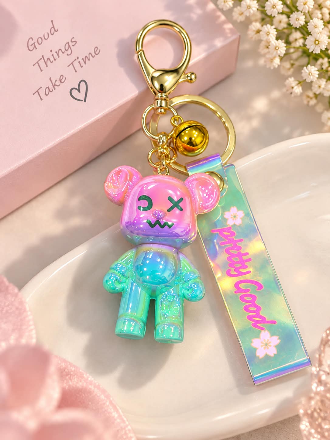 Cute Colorful Bear Keychain with Bell & Acrylic Tag