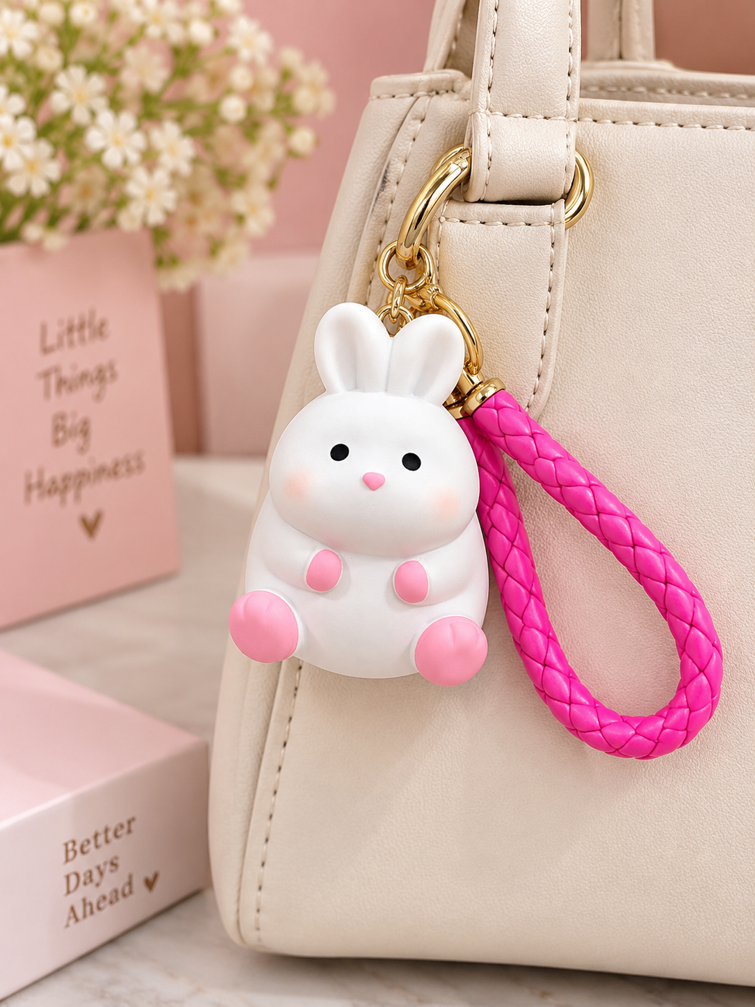 Cute White Bunny Keychain with Pink Braided Strap