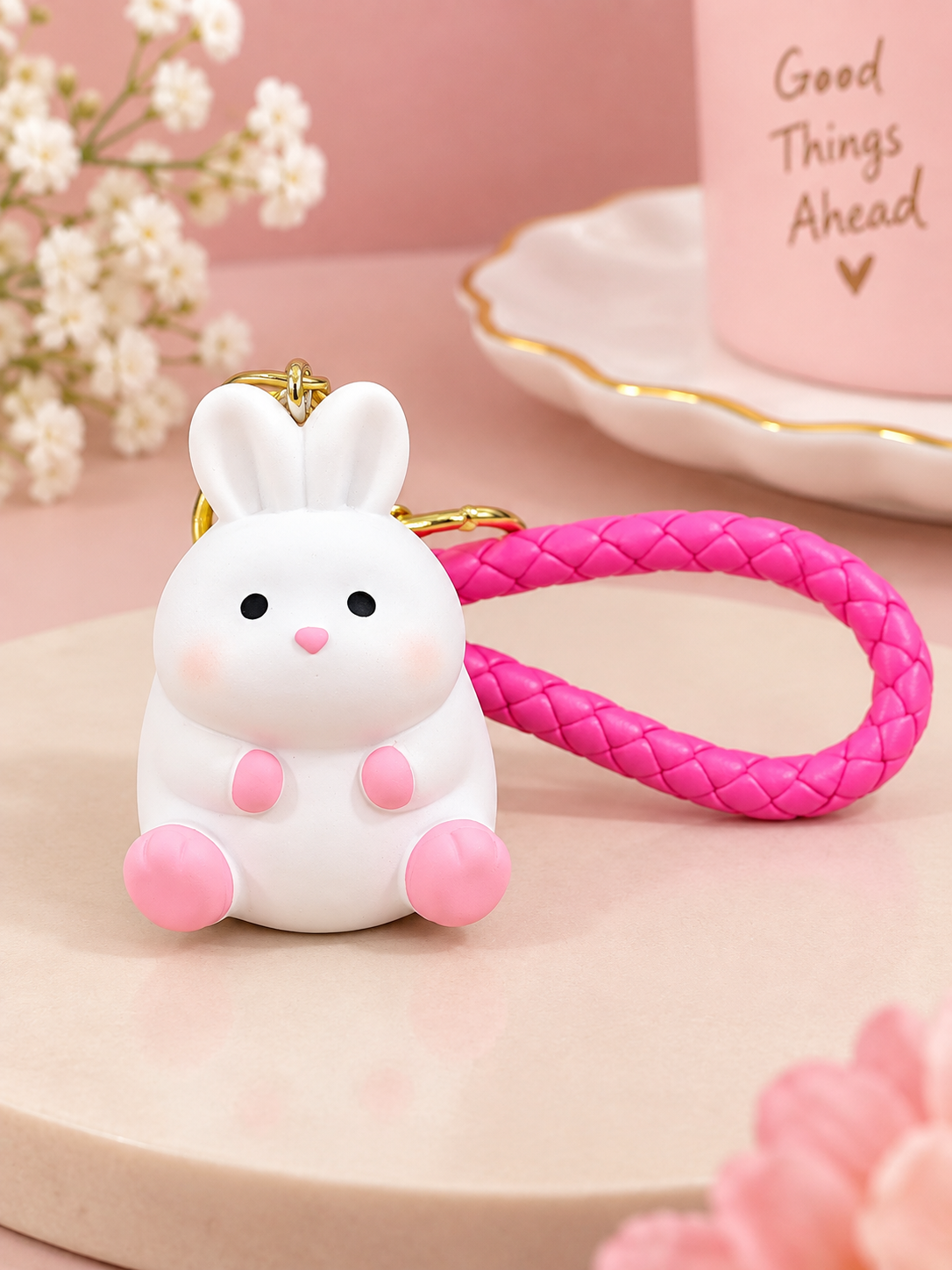 Cute White Bunny Keychain with Pink Braided Strap