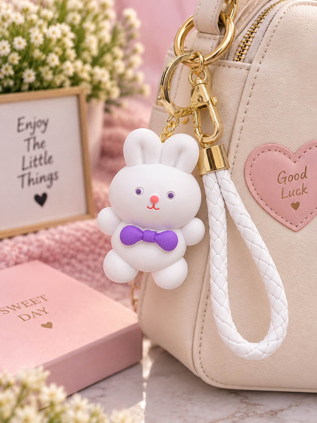 Cute White Bunny Keychain with Braided Strap