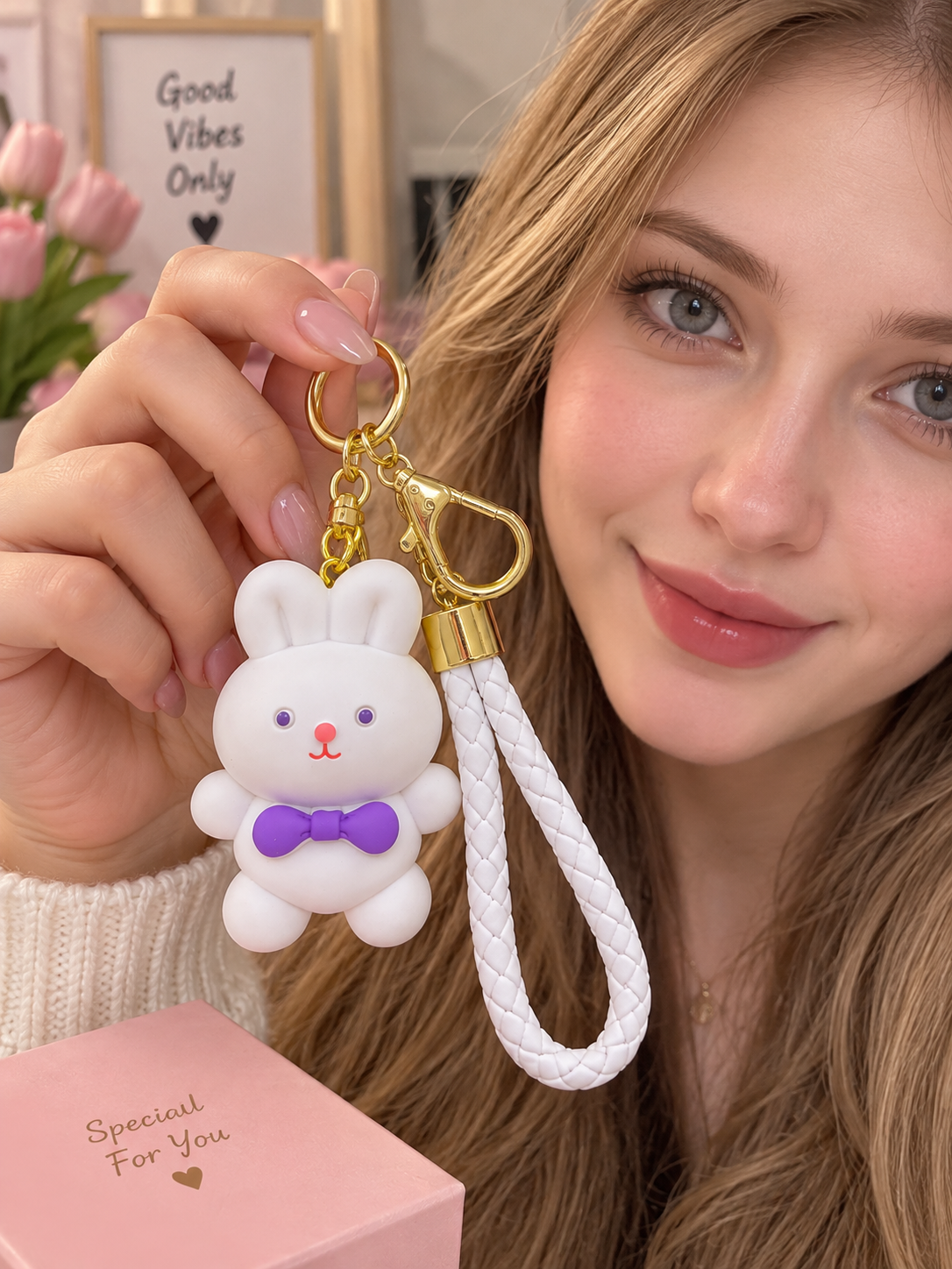 Cute White Bunny Keychain with Braided Strap