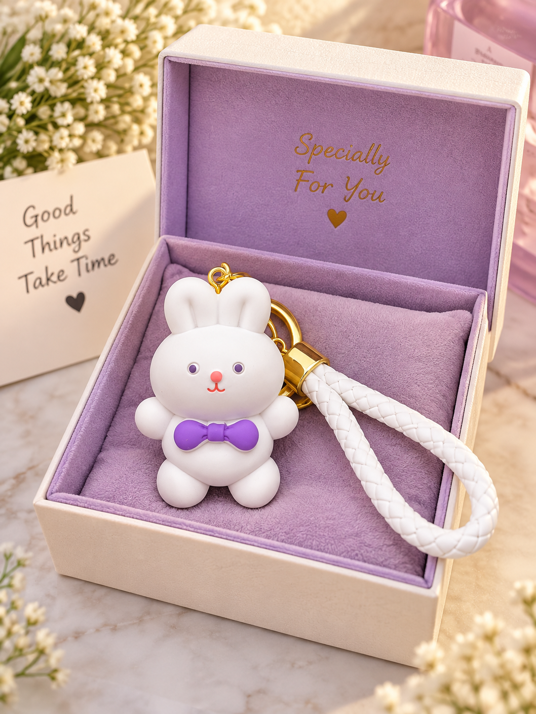 Cute White Bunny Keychain with Braided Strap