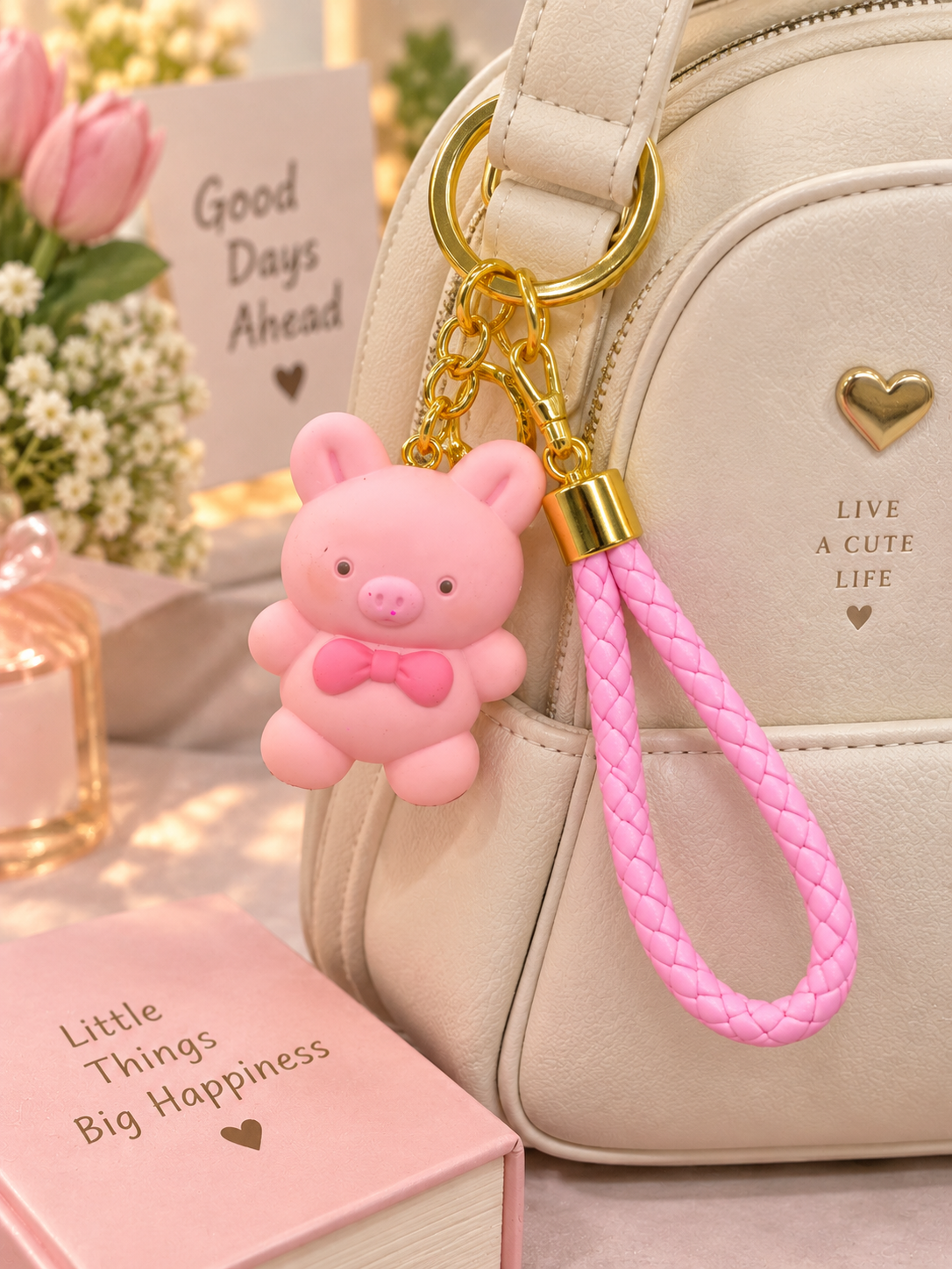Cute Pink Bear Keychain with Braided Strap