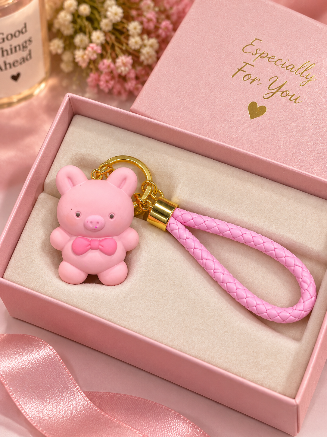 Cute Pink Bear Keychain with Braided Strap