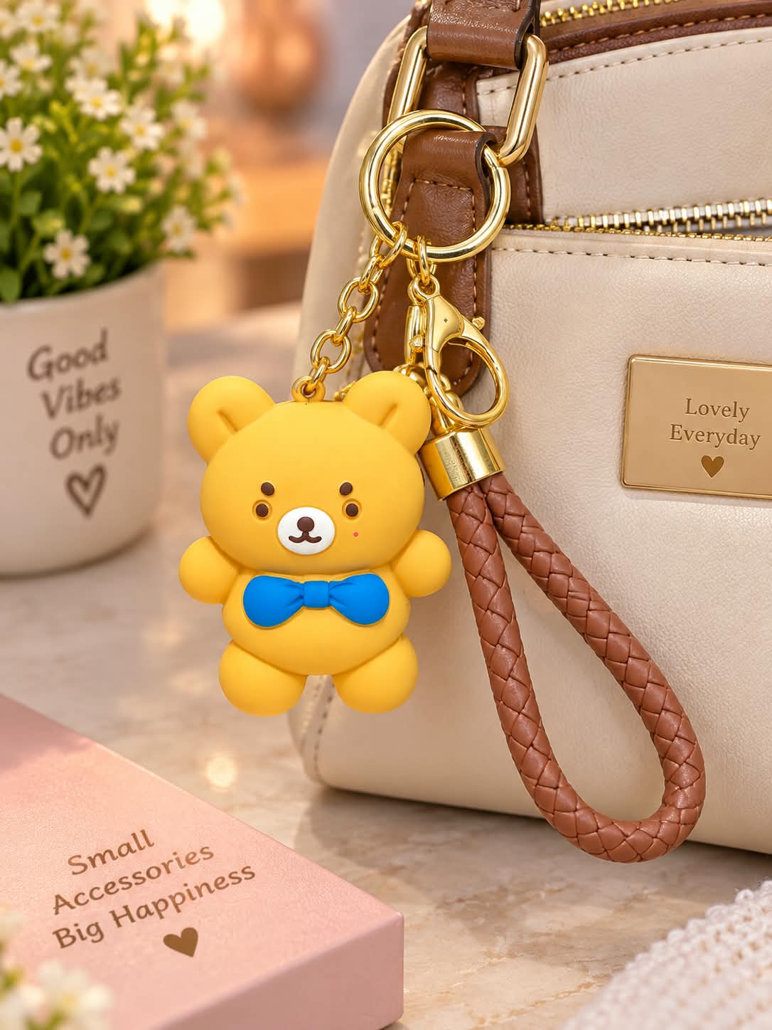Cute Yellow Bear Keychain with Braided Strap