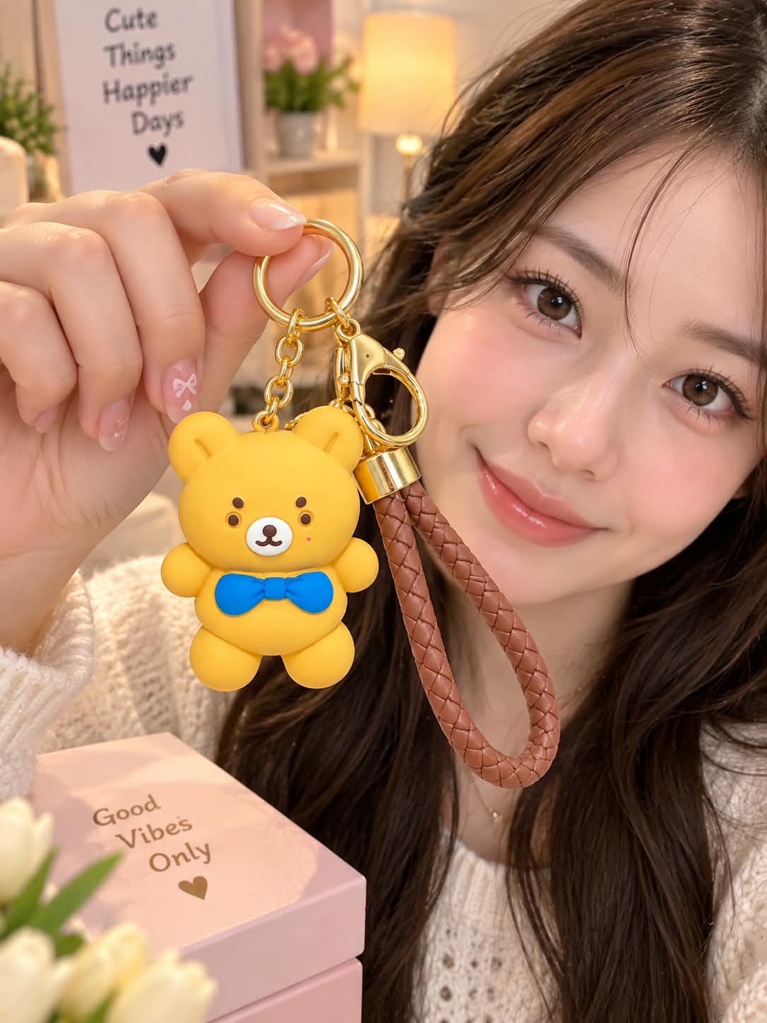 Cute Yellow Bear Keychain with Braided Strap