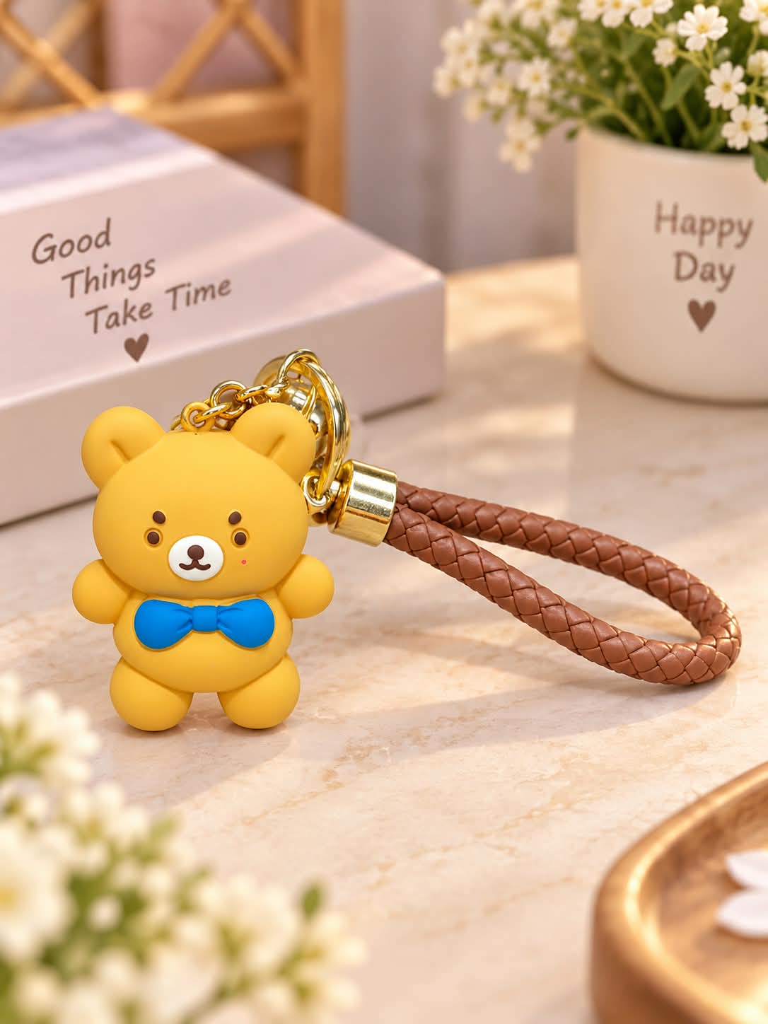 Cute Yellow Bear Keychain with Braided Strap