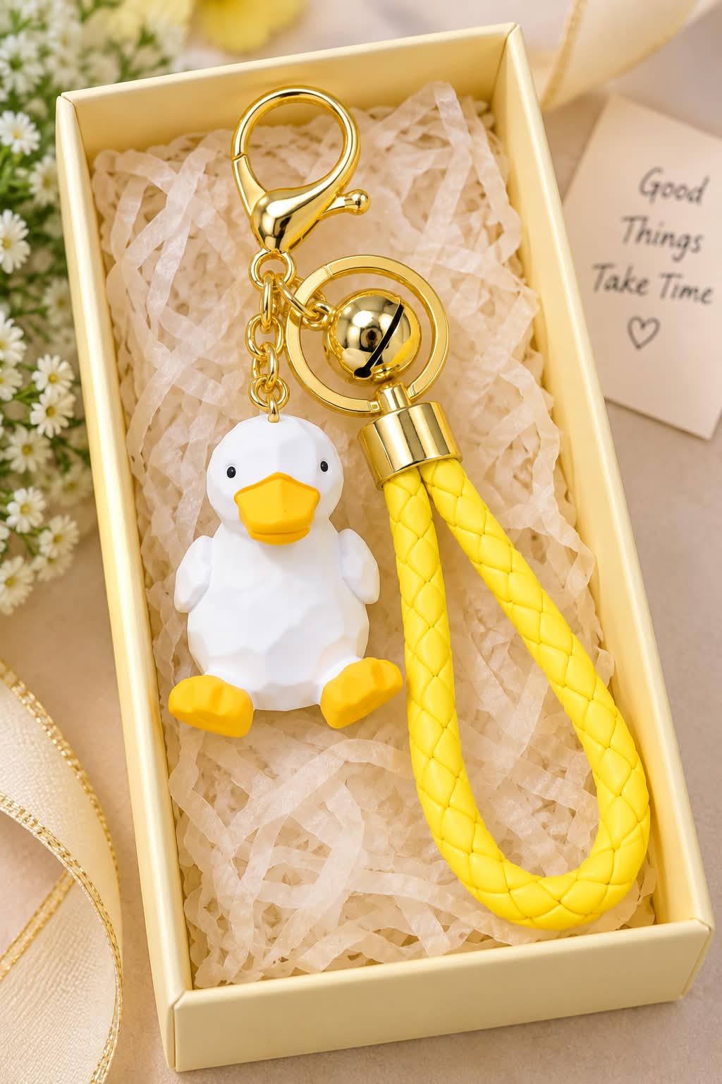 Cute Duck Keychain with Braided Yellow Strap