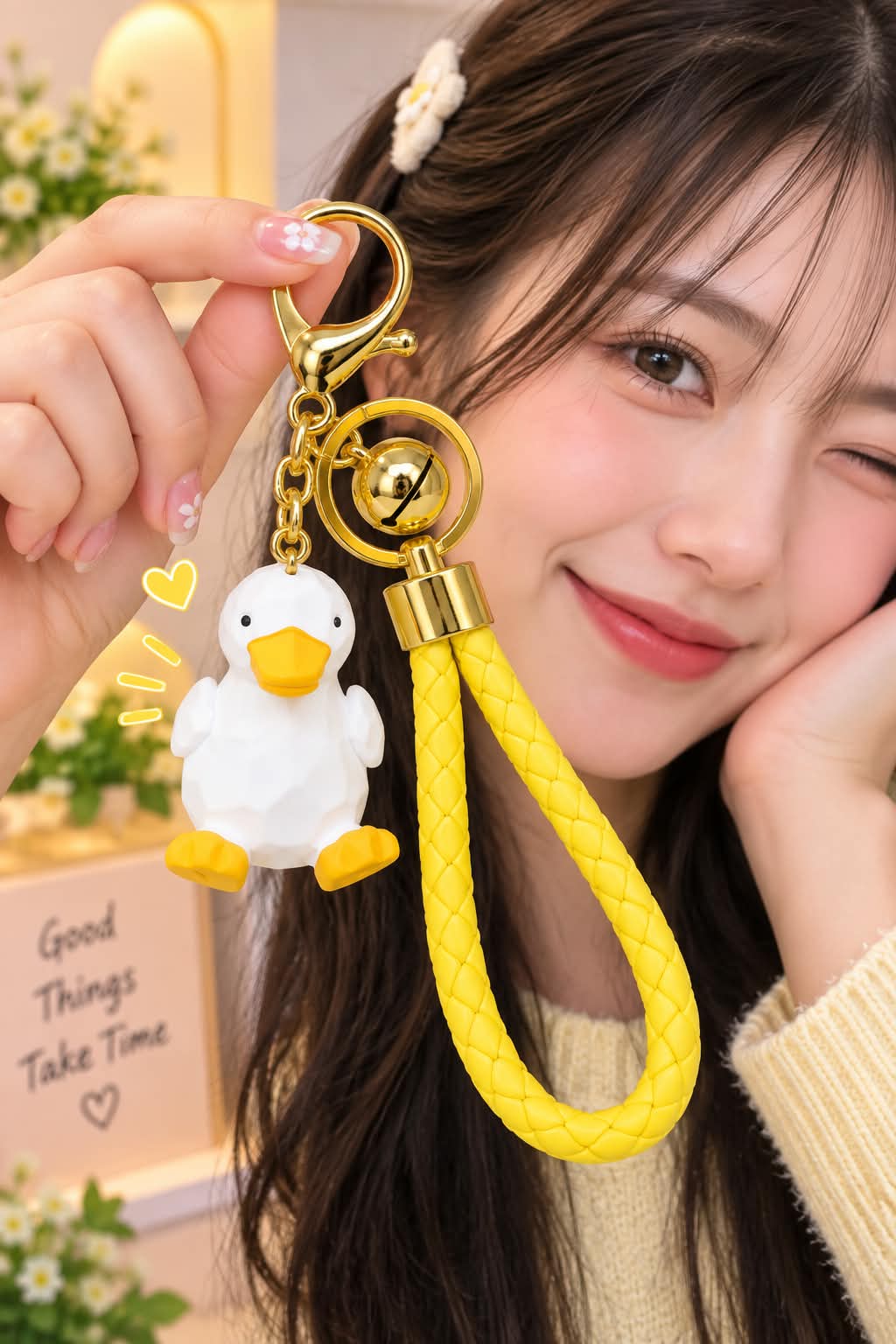 Cute Duck Keychain with Braided Yellow Strap