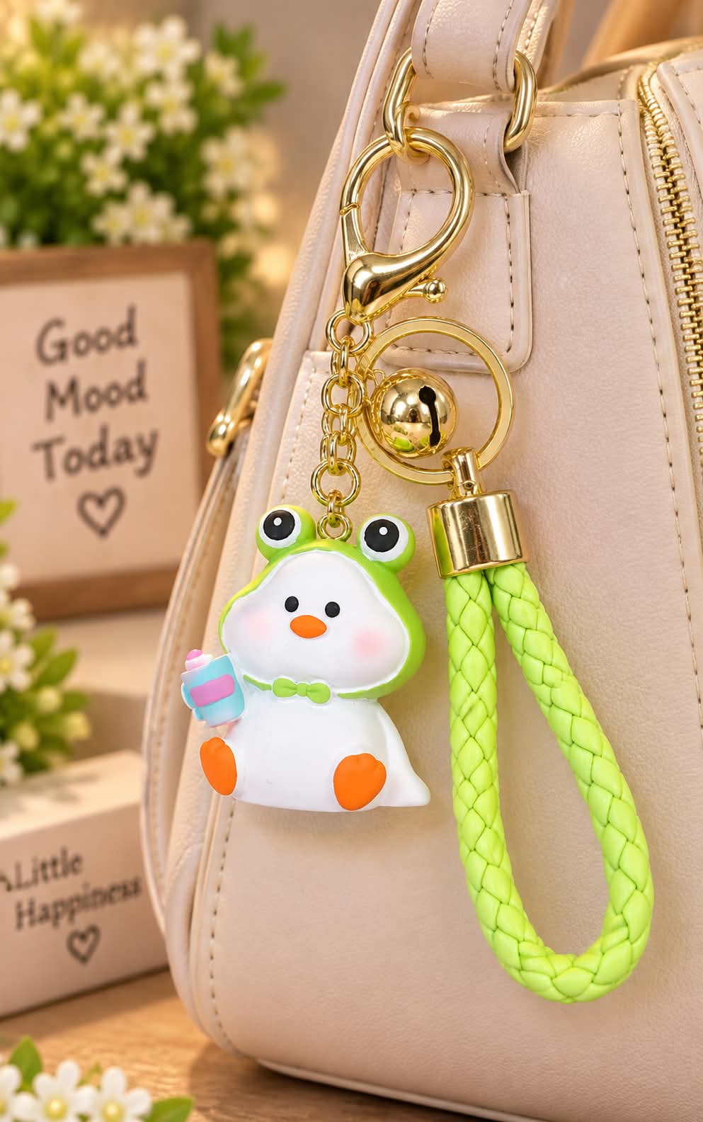 Cute Green Frog Keychain with Braided Strap