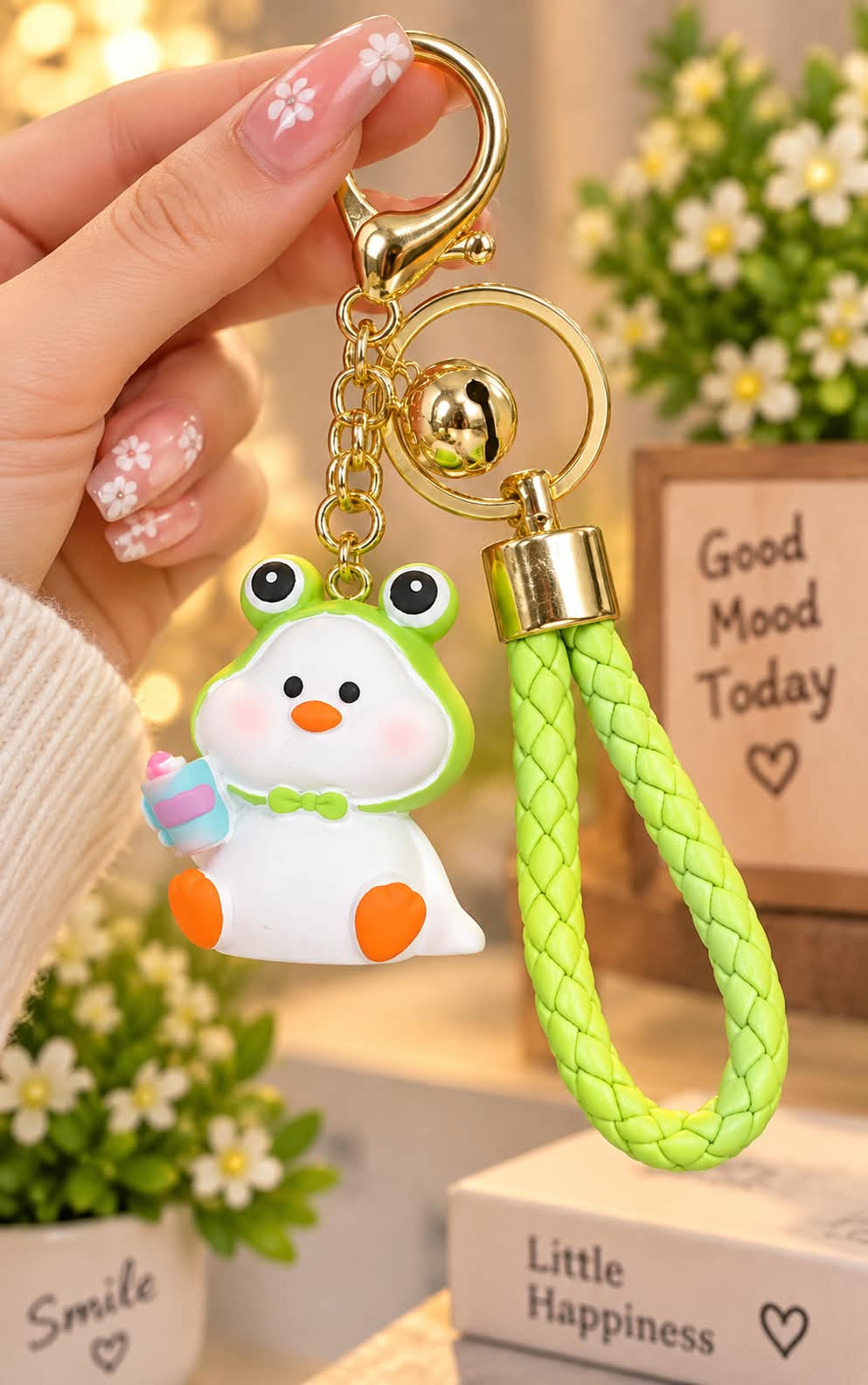 Cute Green Frog Keychain with Braided Strap
