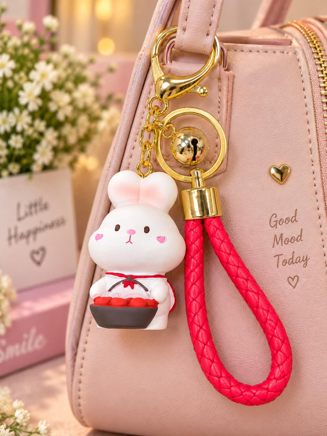 Cute Bunny Keychain with Red Braided Strap