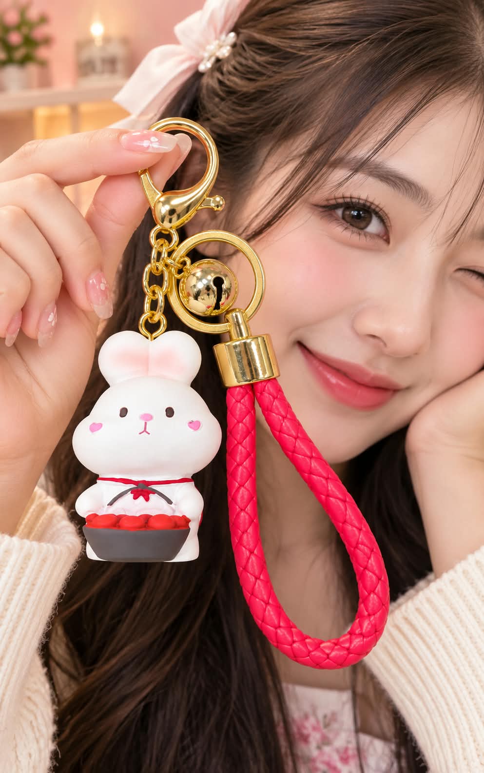 Cute Bunny Keychain with Red Braided Strap
