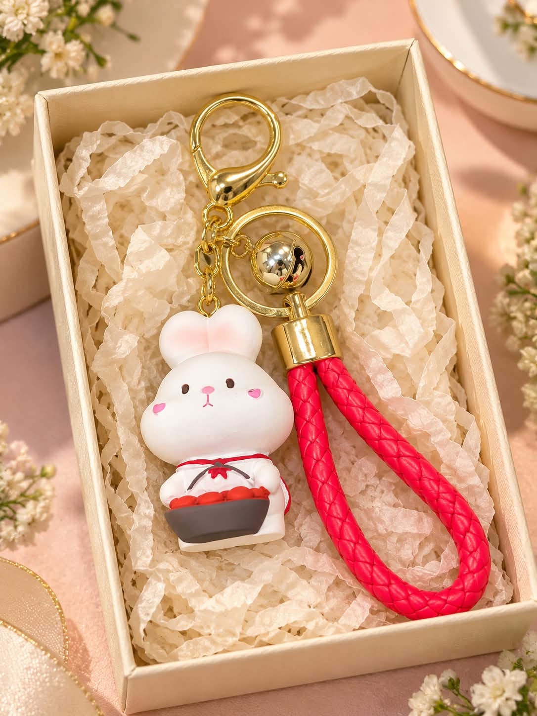 Cute Bunny Keychain with Red Braided Strap