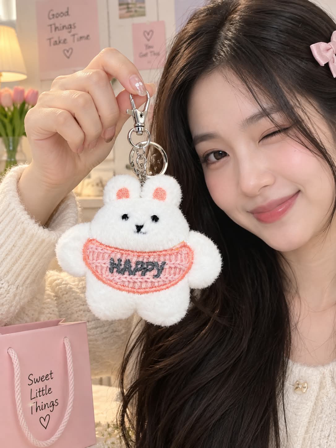 Cute White Bear Plush Keychain