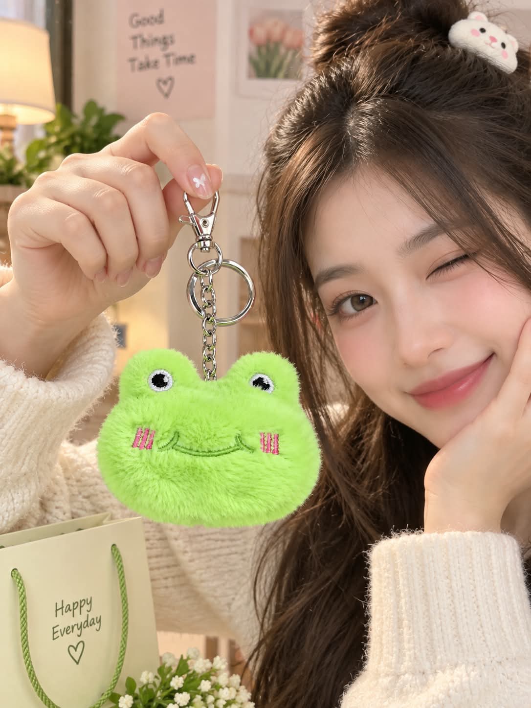 Cute Green Frog Plush Keychain