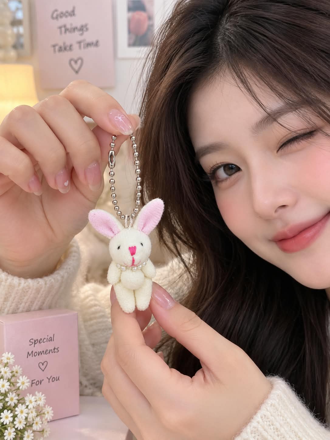 Cute White Bunny Plush Keychain