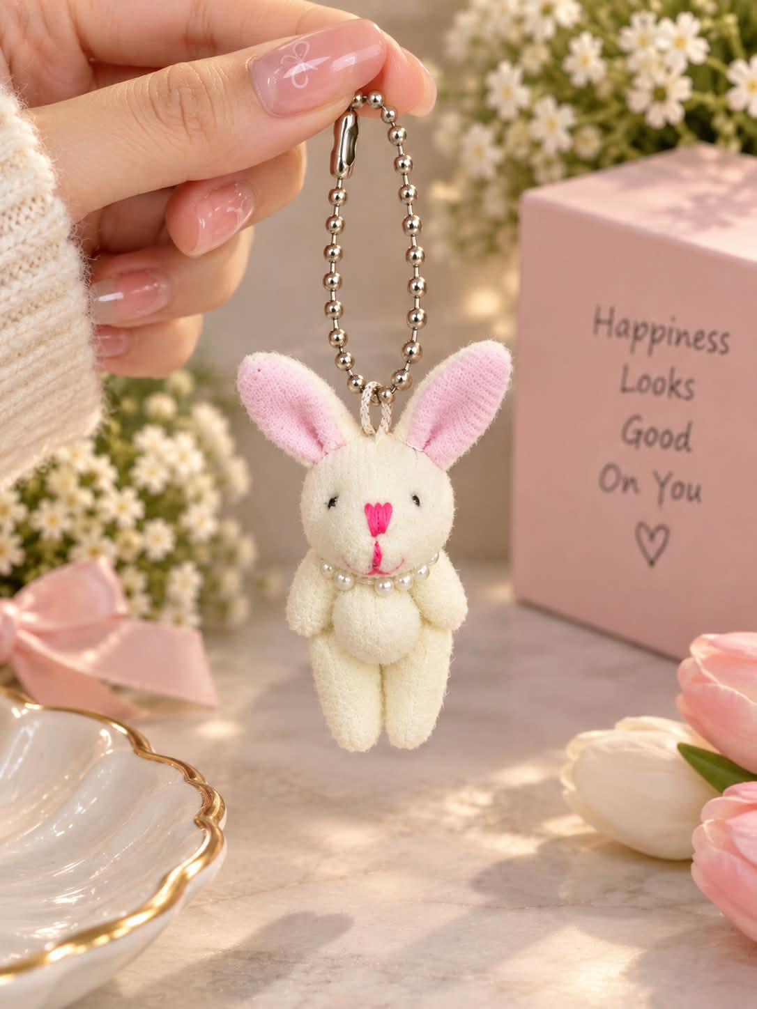 Cute White Bunny Plush Keychain