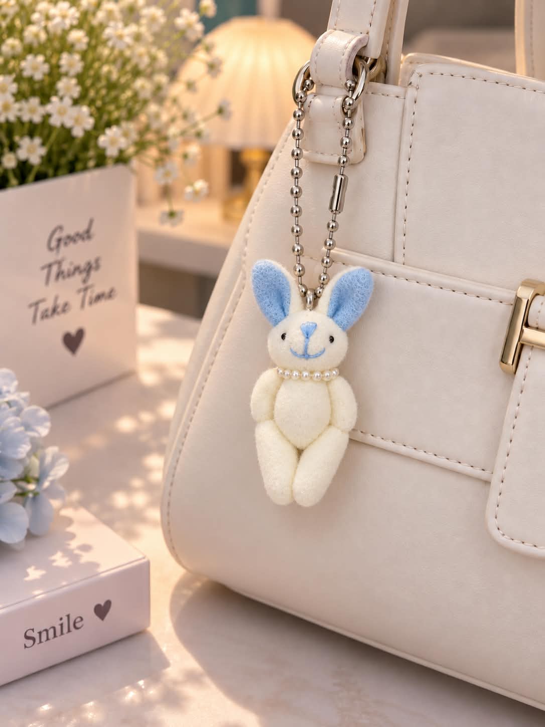 Cute White & Blue Bunny Plush Keychain