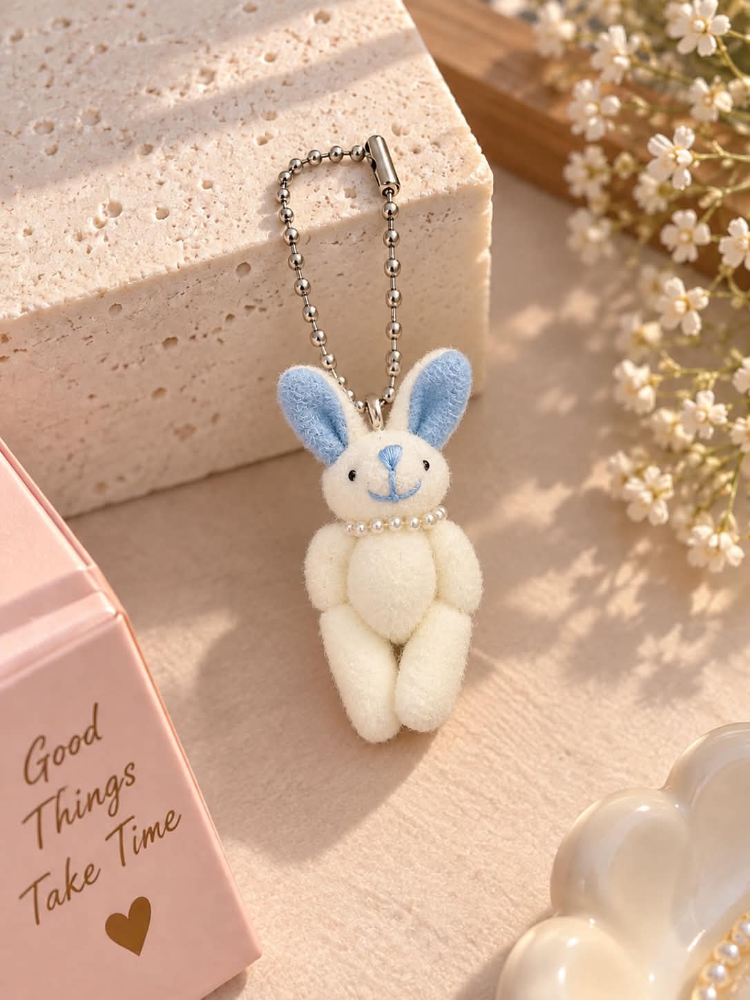 Cute White & Blue Bunny Plush Keychain