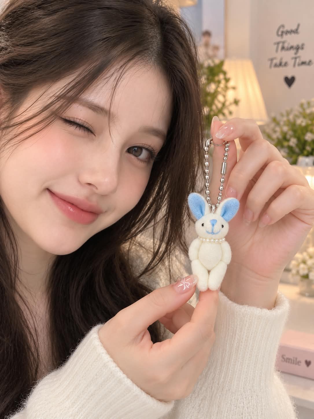 Cute White & Blue Bunny Plush Keychain