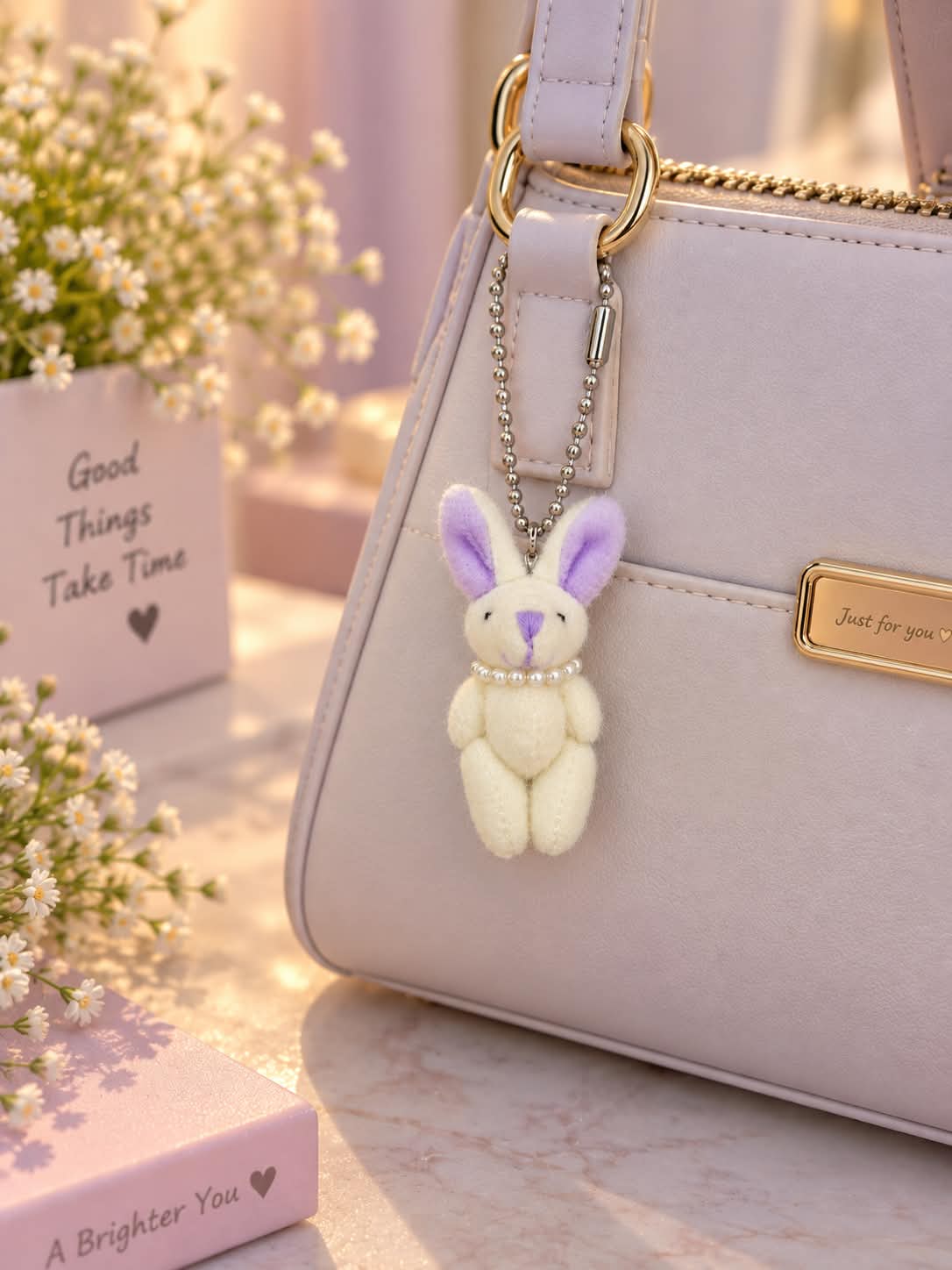 Cute White & Purple Bunny Plush Keychain