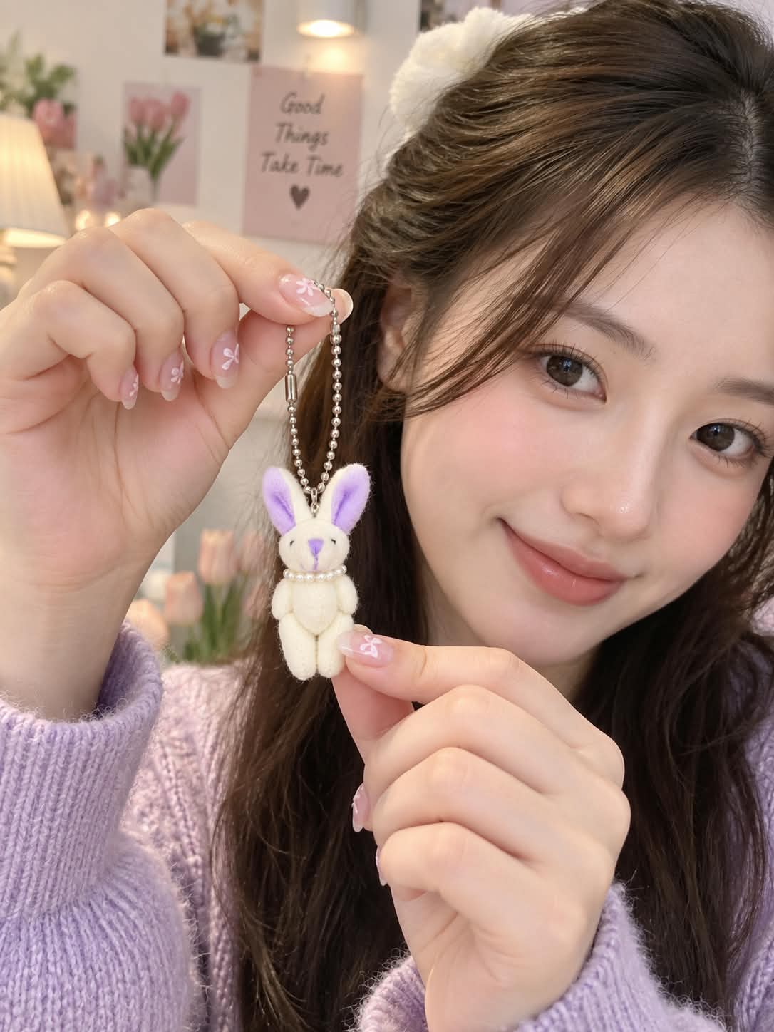 Cute White & Purple Bunny Plush Keychain