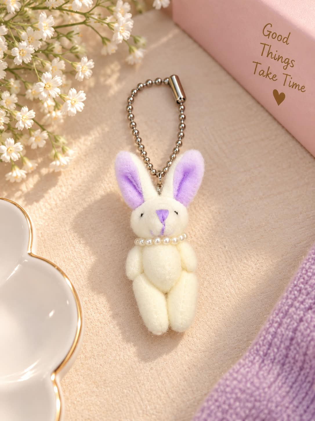 Cute White & Purple Bunny Plush Keychain