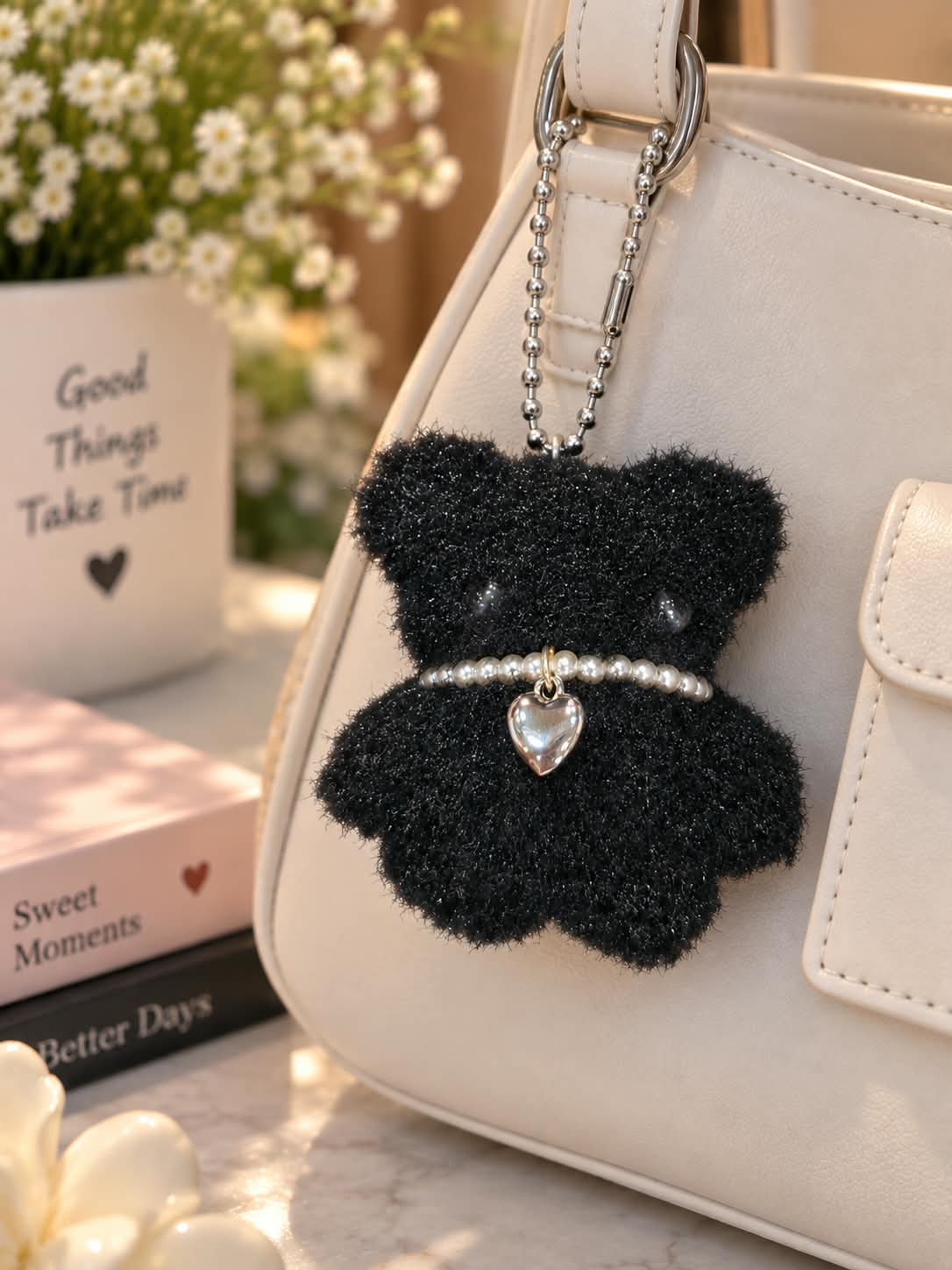 Black Teddy Bear Plush Keychain with Heart Charm