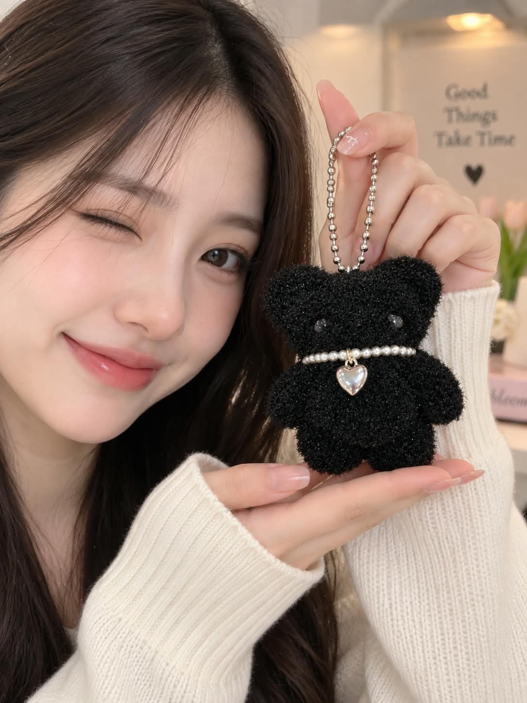 Black Teddy Bear Plush Keychain with Heart Charm
