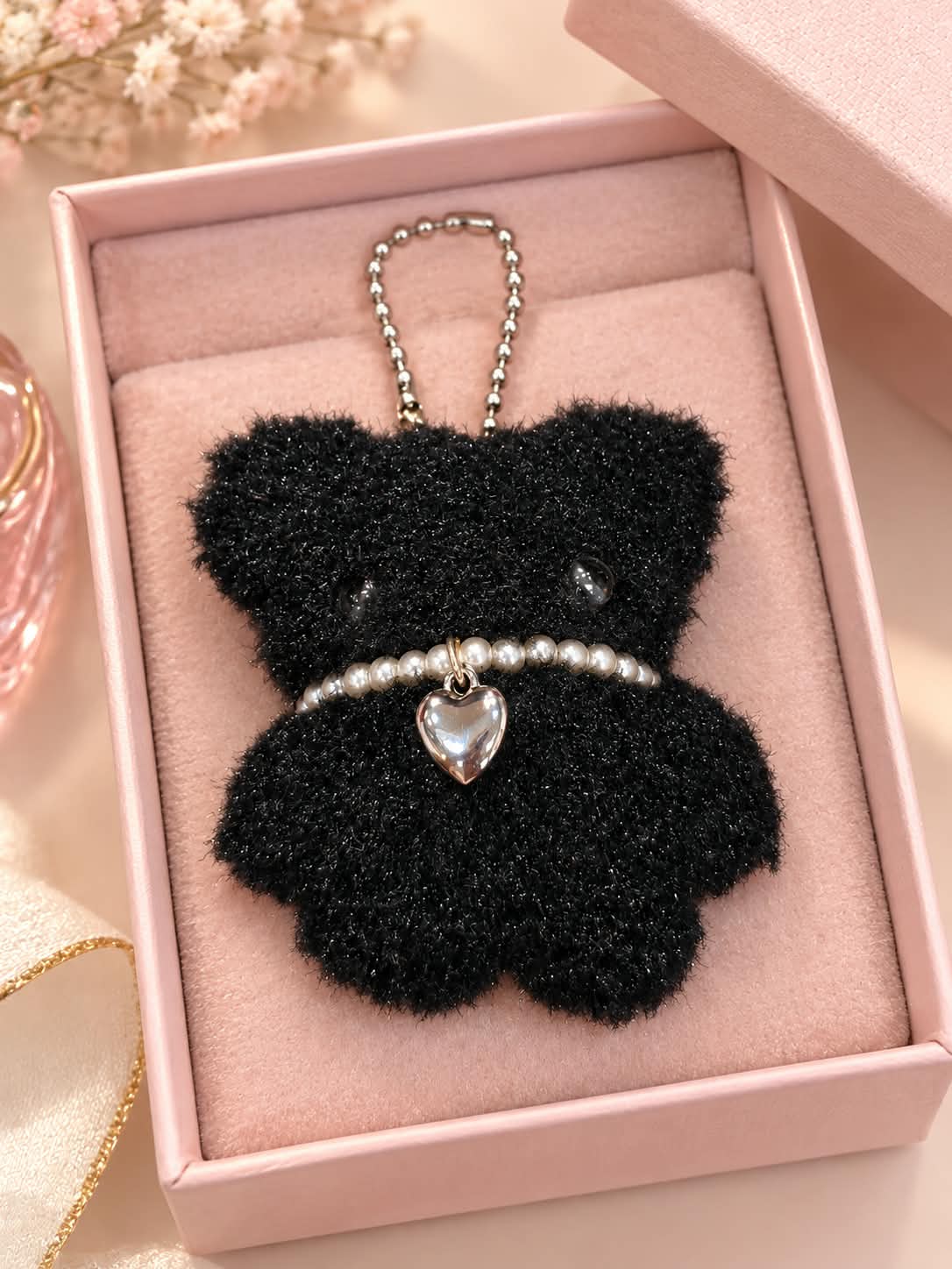 Black Teddy Bear Plush Keychain with Heart Charm