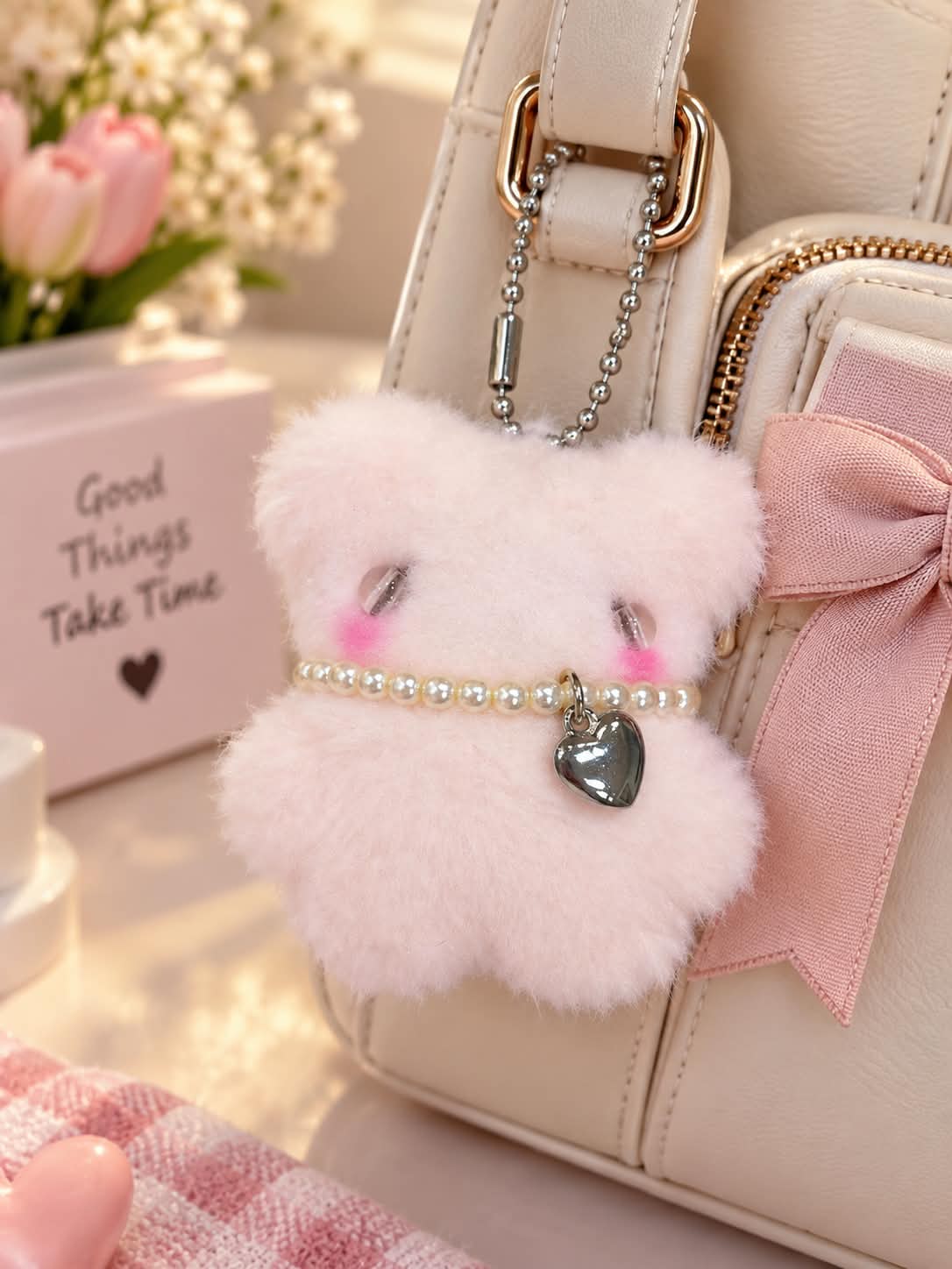 Cute Pink Teddy Bear Plush Keychain with Heart Charm