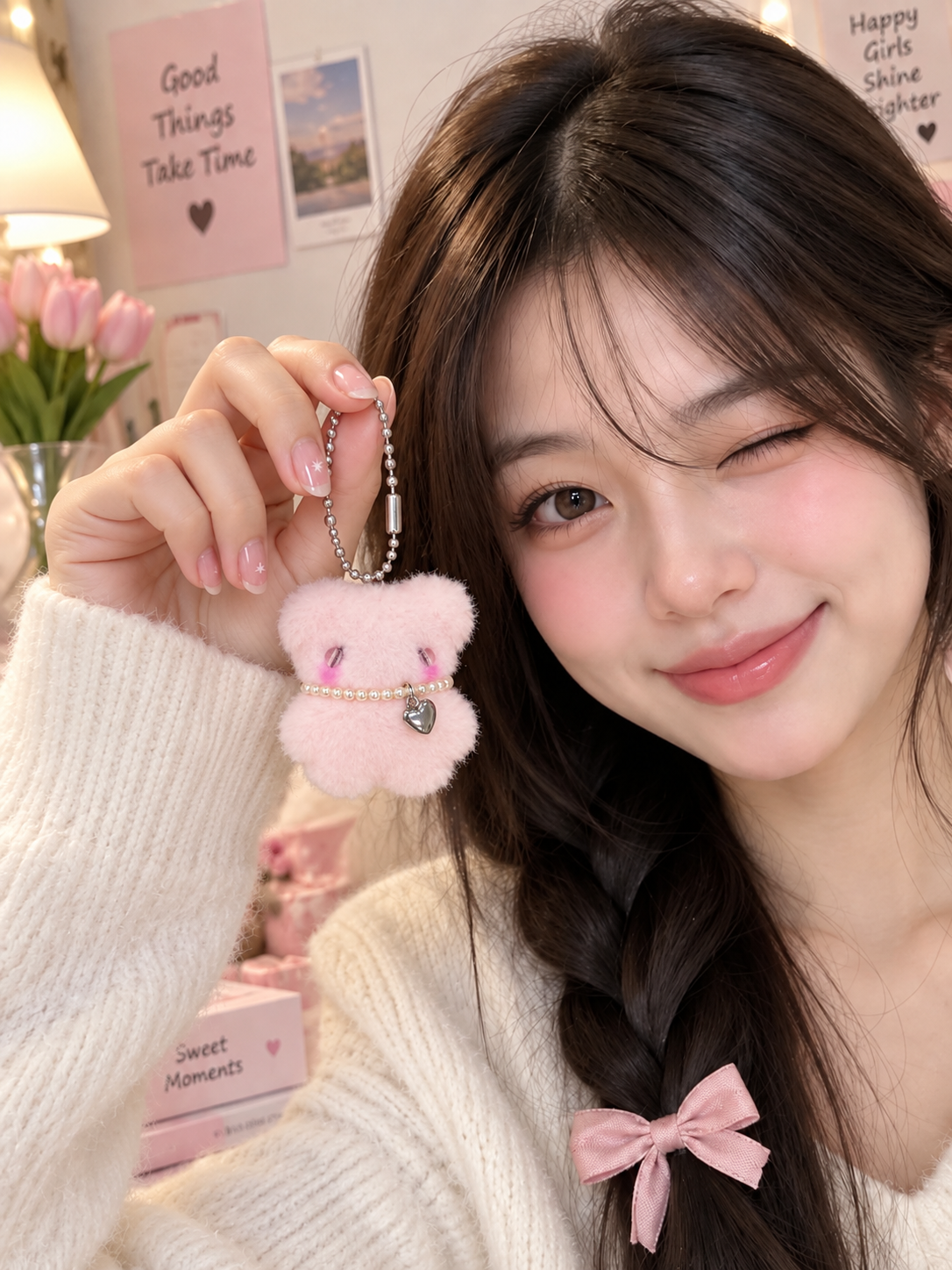 Cute Pink Teddy Bear Plush Keychain with Heart Charm