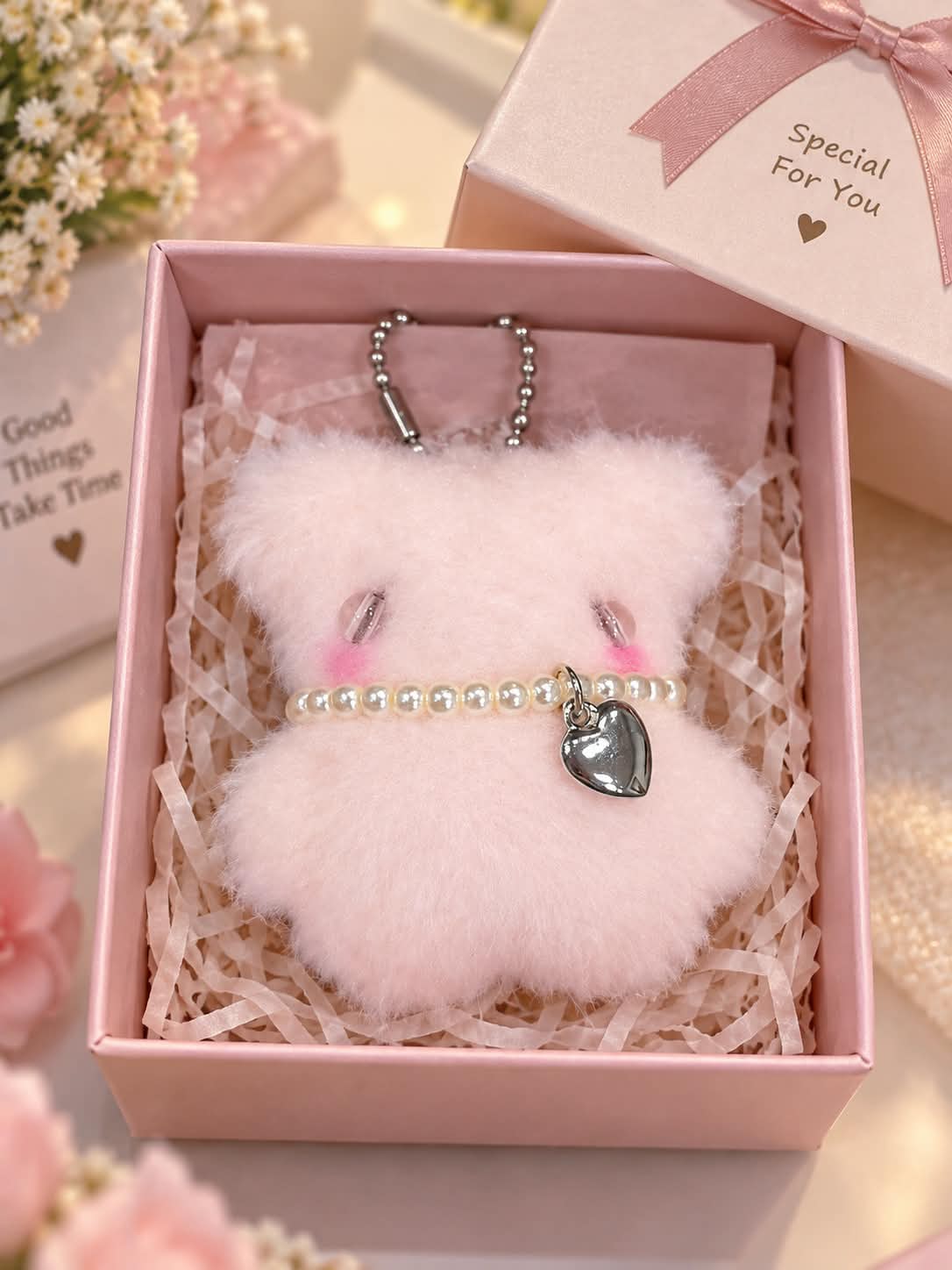 Cute Pink Teddy Bear Plush Keychain with Heart Charm