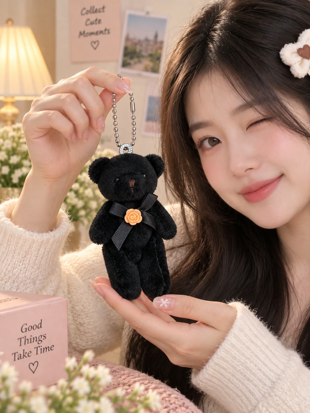 Black Teddy Bear Plush Keychain with Rose Bow