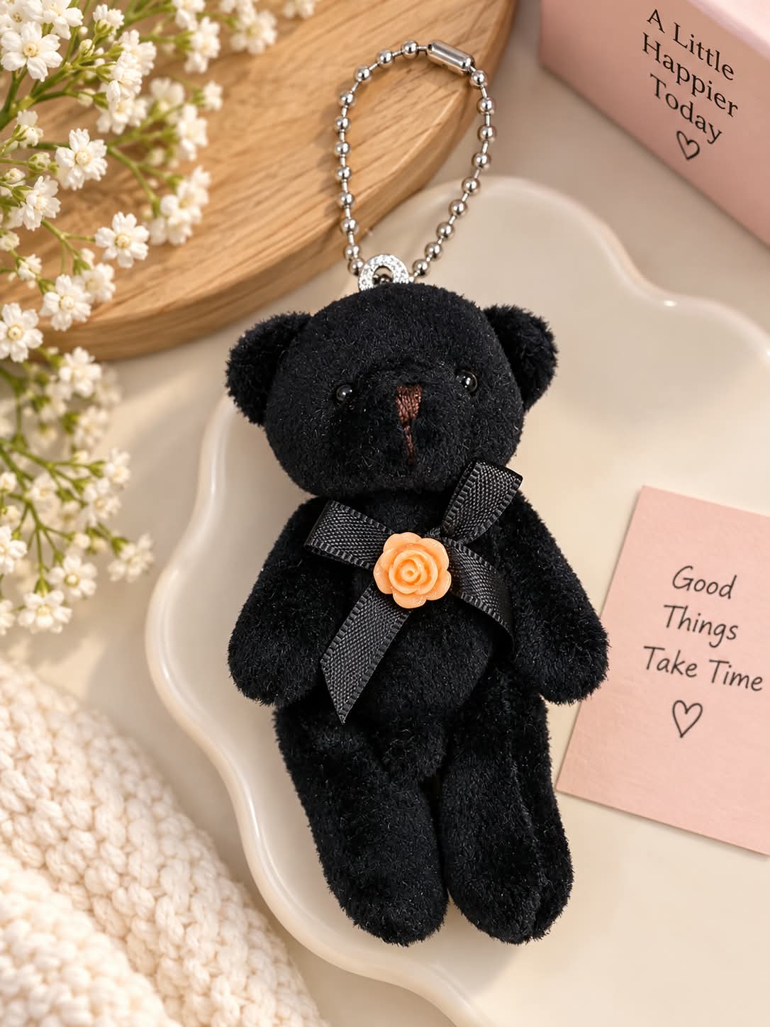 Black Teddy Bear Plush Keychain with Rose Bow